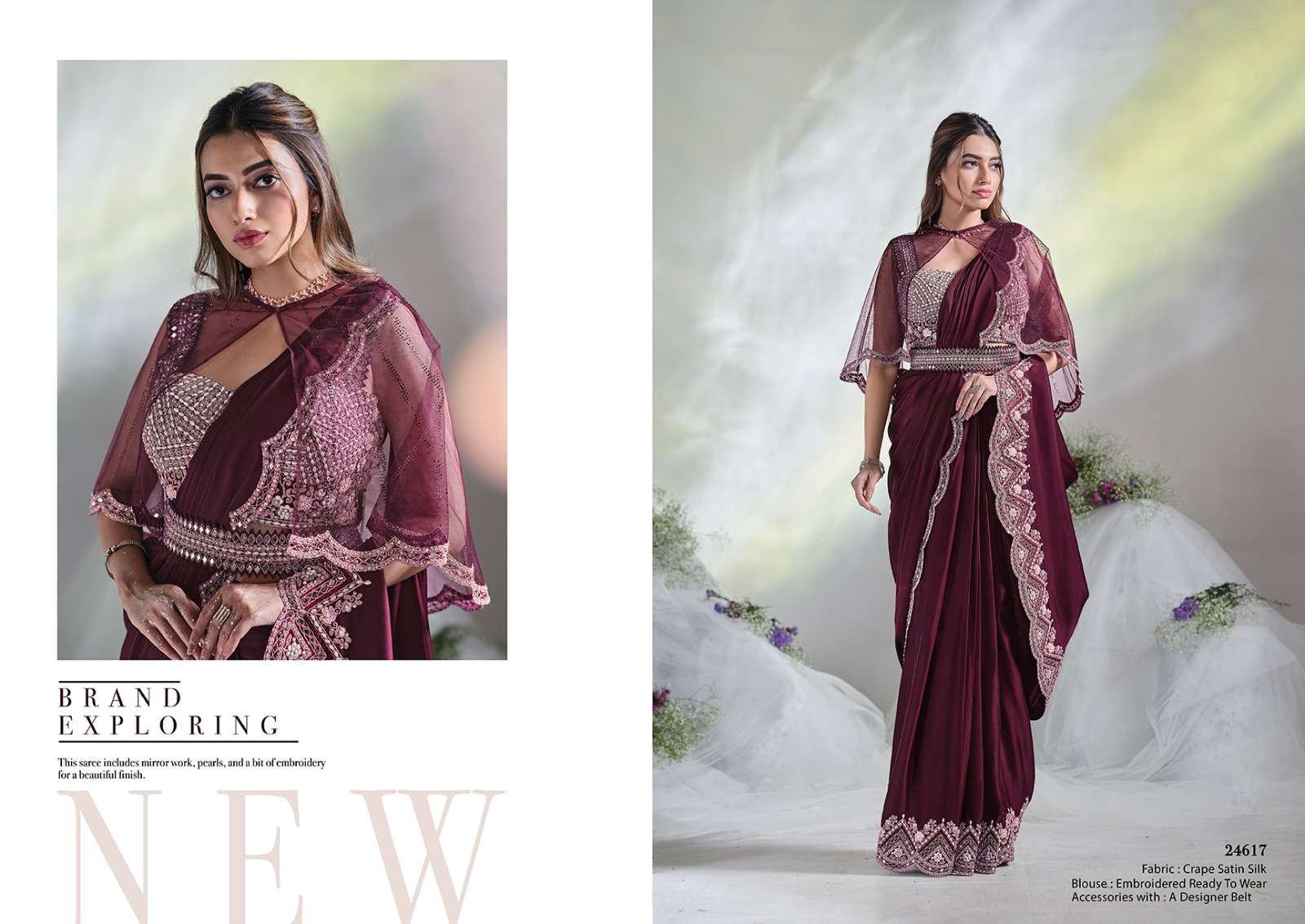 DESIGNER FANCY WEDDING PARTY WEAR INDIAN MAROON SARTIN SILK SAREE COLLECTION NVN MAHTSAV 24617