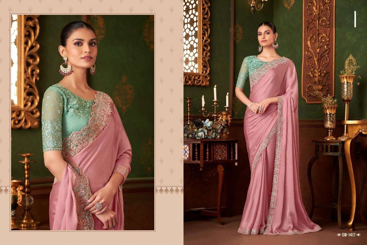 DESIGNER FANCY WEDDING PARTY WEAR INDIAN PINK SARTIN SILK SAREE COLLECTION SM TFH 1417