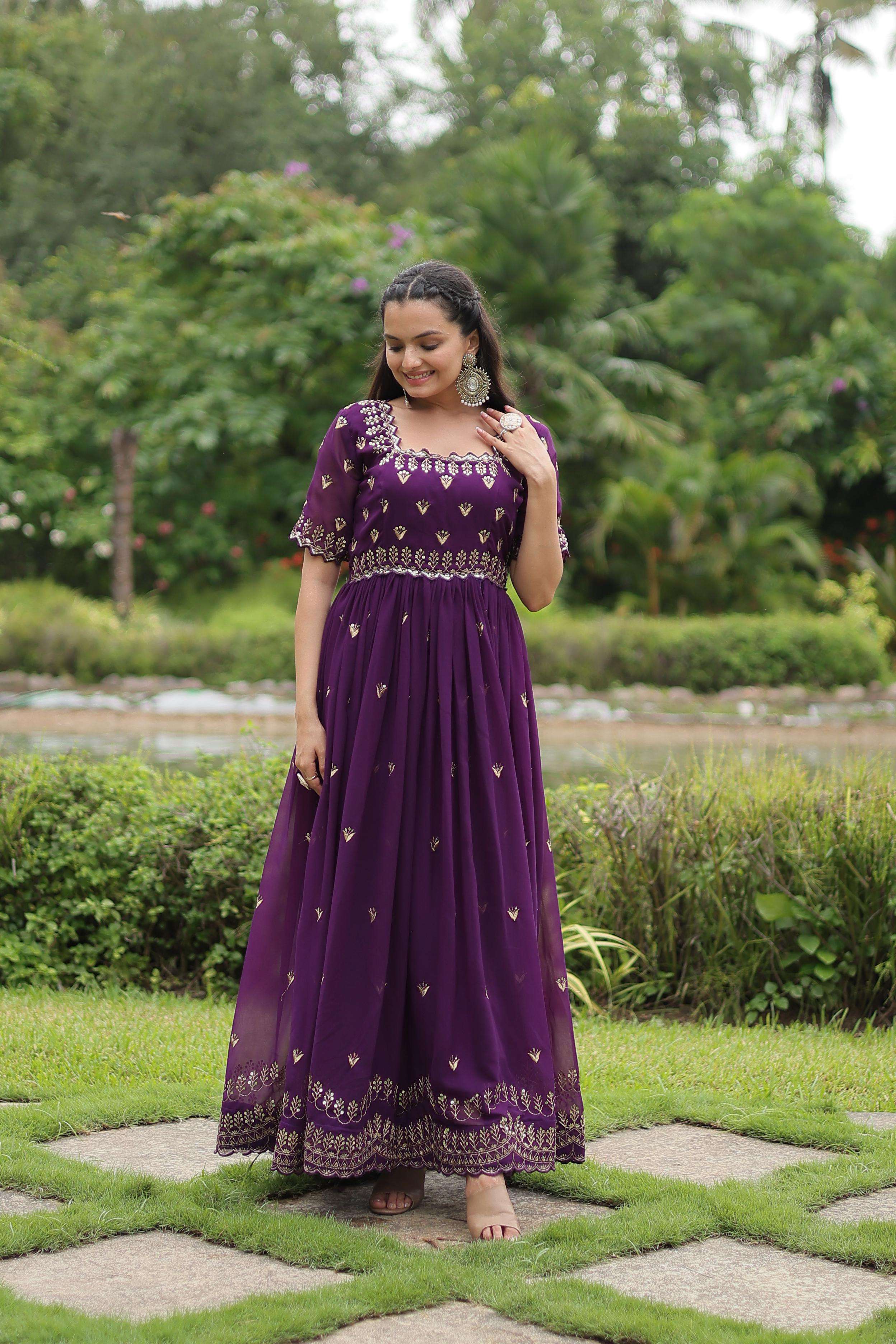 DESIGNER FANCY WEDDING PARTY WEAR INDIAN PURPLE ANARKALI GOWN IN BLOOMING FABRIC LW 1111 B