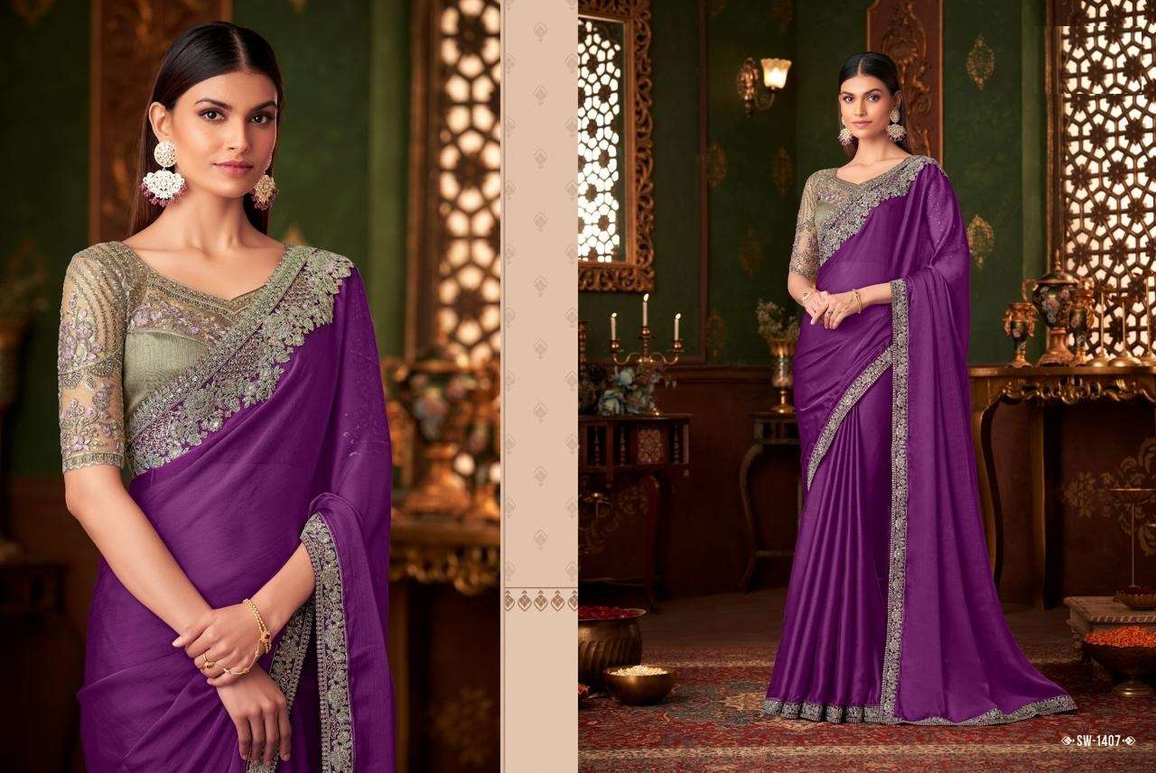 DESIGNER FANCY WEDDING PARTY WEAR INDIAN PURPLE SARTIN SILK SAREE COLLECTION SM TFH 1407