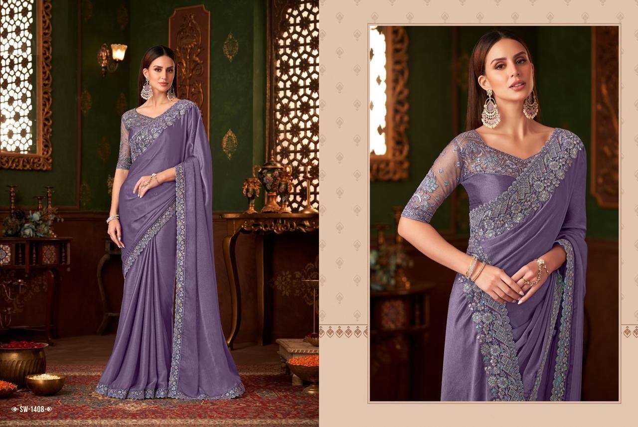 DESIGNER FANCY WEDDING PARTY WEAR INDIAN PURPLE SARTIN SILK SAREE COLLECTION SM TFH 1408