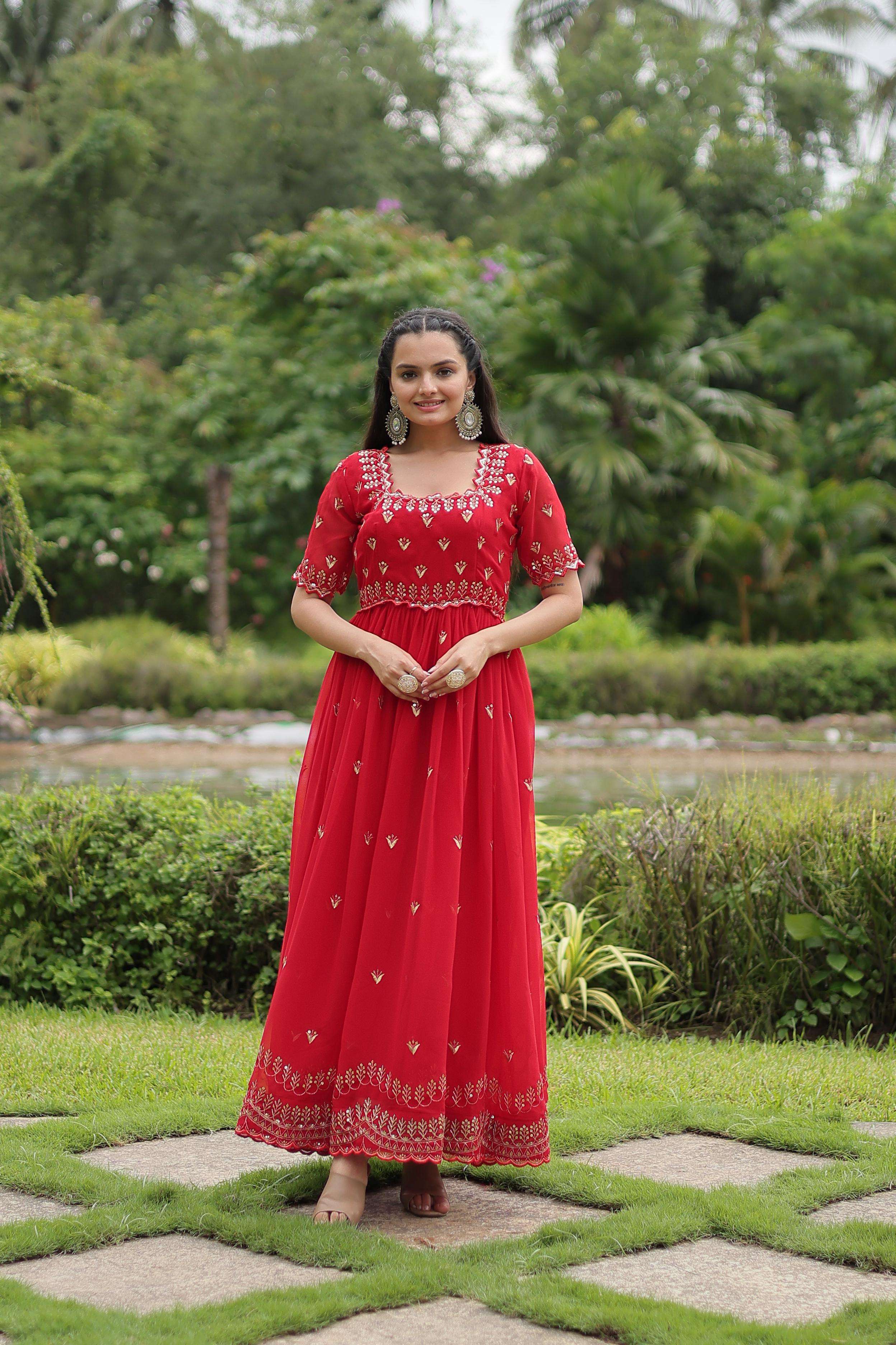 DESIGNER FANCY WEDDING PARTY WEAR INDIAN RED ANARKALI GOWN IN BLOOMING FABRIC LW 1111 C