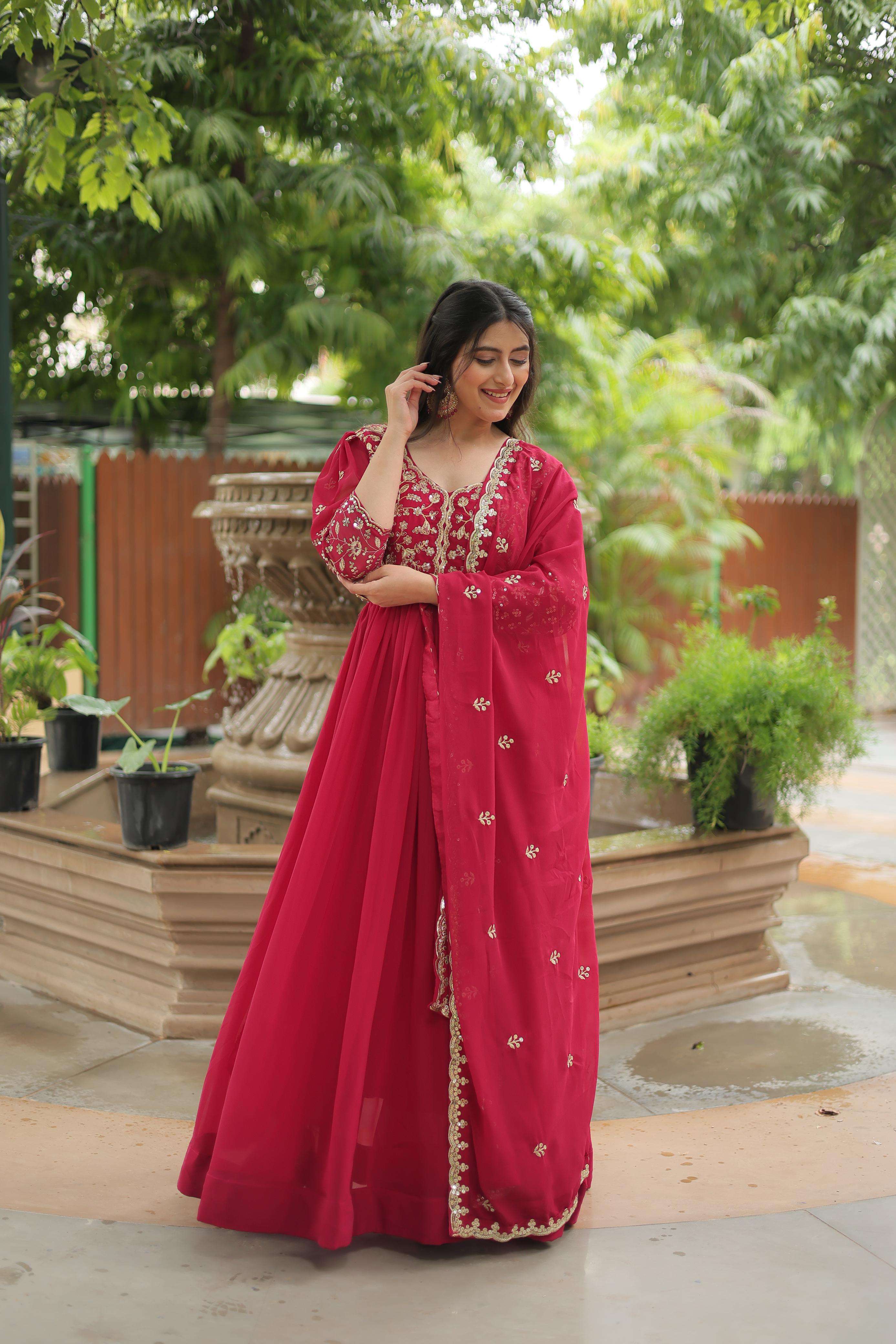 DESIGNER FANCY WEDDING PARTY WEAR INDIAN RED ANARKALI GOWN IN BLOOMING FABRIC LW 9208