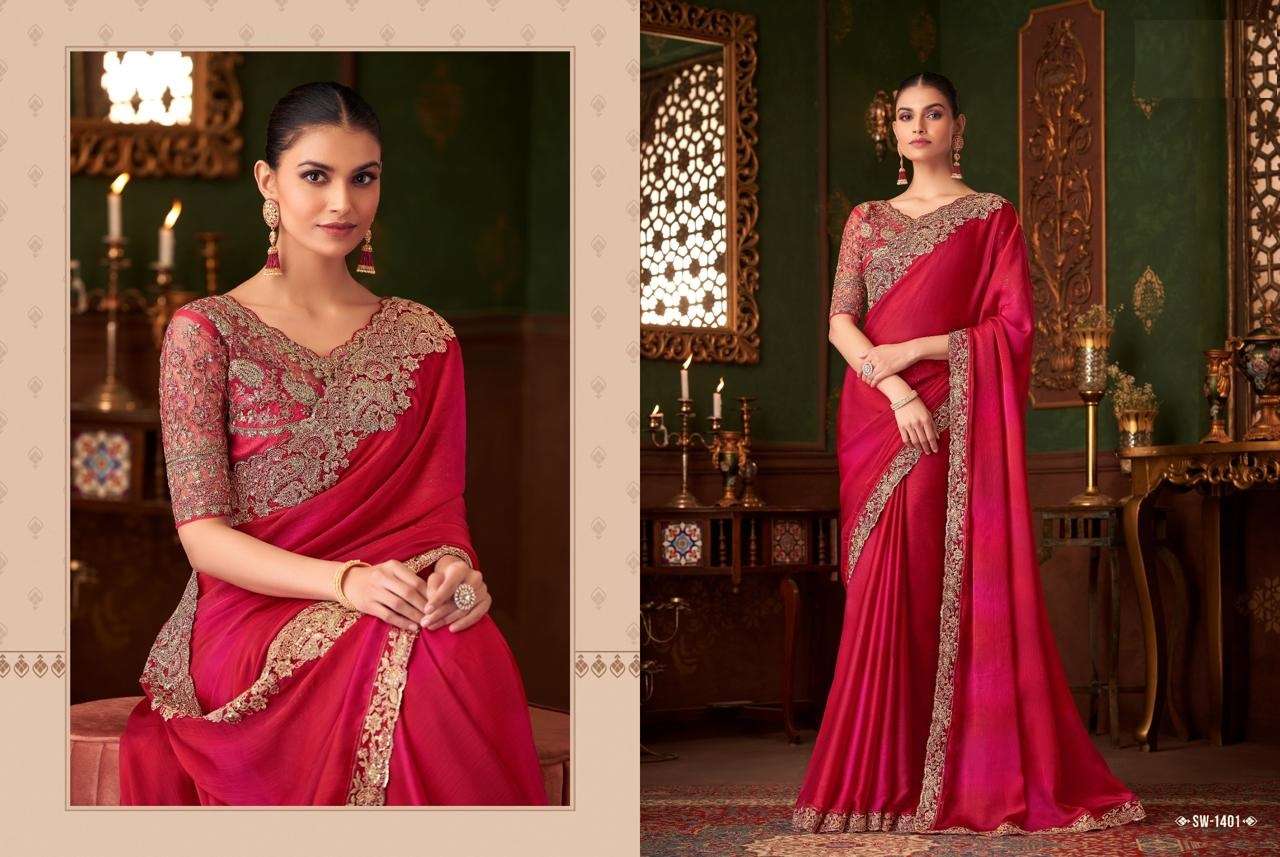 DESIGNER FANCY WEDDING PARTY WEAR INDIAN RED SARTIN SILK SAREE COLLECTION SM TFH 1401