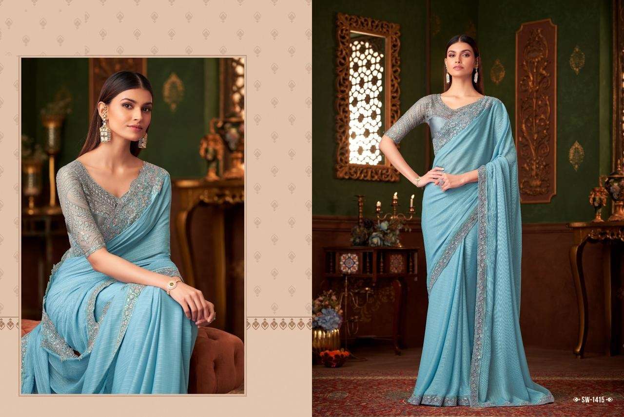 DESIGNER FANCY WEDDING PARTY WEAR INDIAN SKY BLUE SARTIN SILK SAREE COLLECTION SM TFH 1415