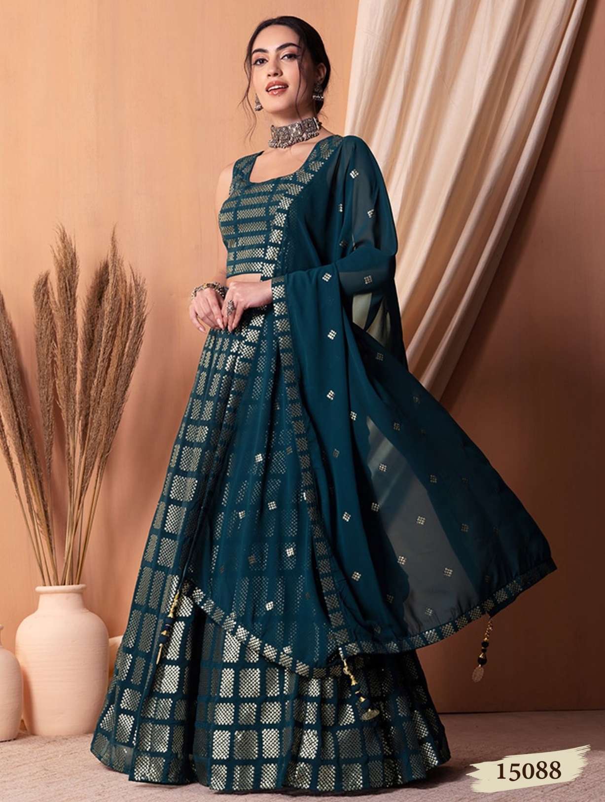 DESIGNER FANCY WEDDING PARTY WEAR INDIAN TEAL BLUE GEORGETTE LEHENGA CHOLI WITH DUPATTA ZC 15088