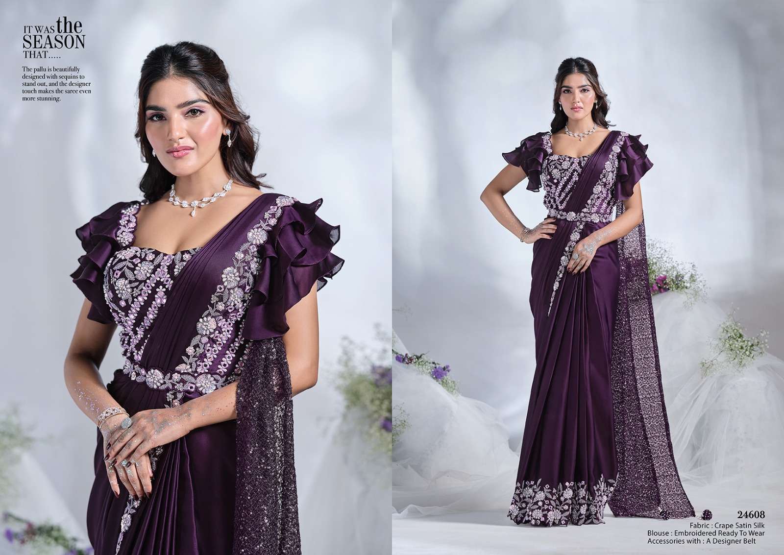 DESIGNER FANCY WEDDING PARTY WEAR INDIAN WINE SARTIN SILK SAREE COLLECTION NVN MAHTSAV 24608