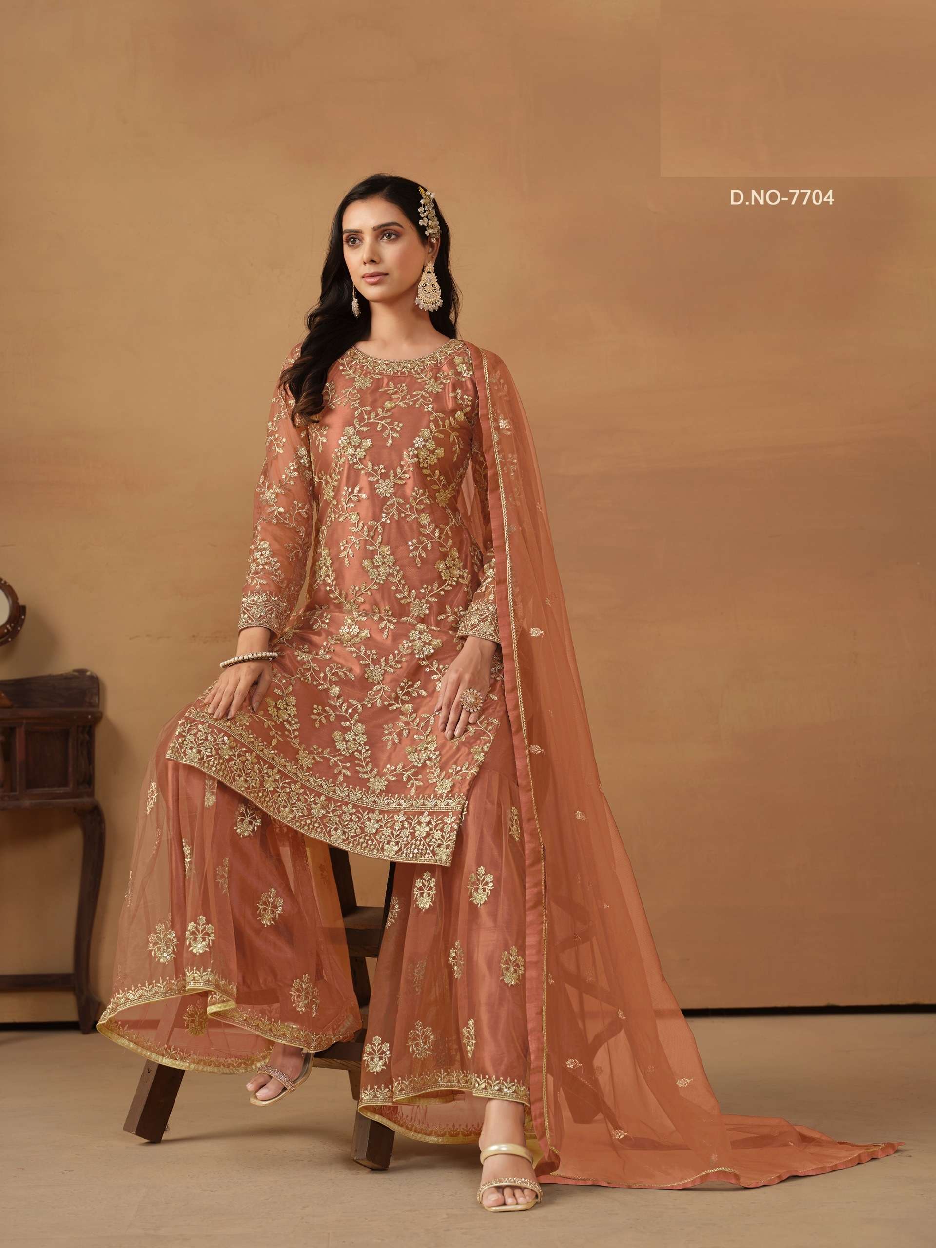 DESIGNER FANCY WEDDING PARTY WEAR PEACH NET PALLAZO SHARARA SALWAR SUIT ANY 7704