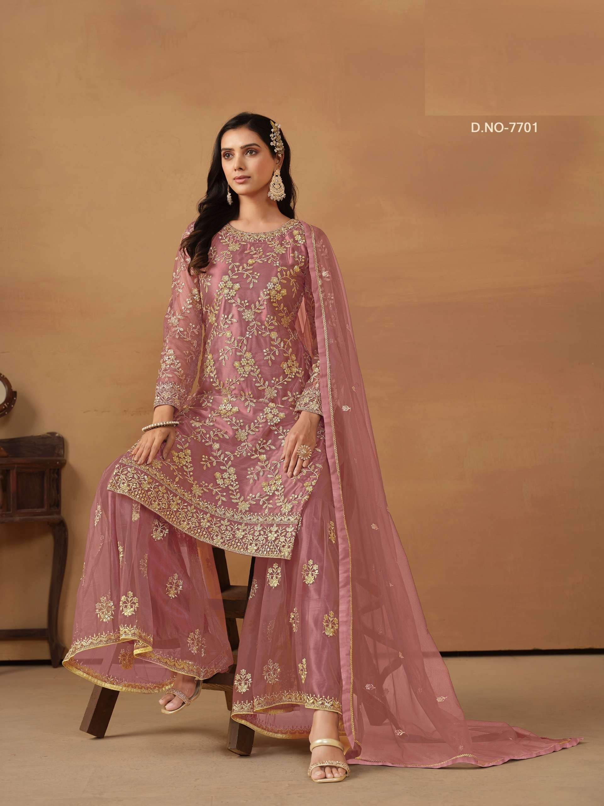 DESIGNER FANCY WEDDING PARTY WEAR PINK NET PALLAZO SHARARA SALWAR SUIT ANY 7701