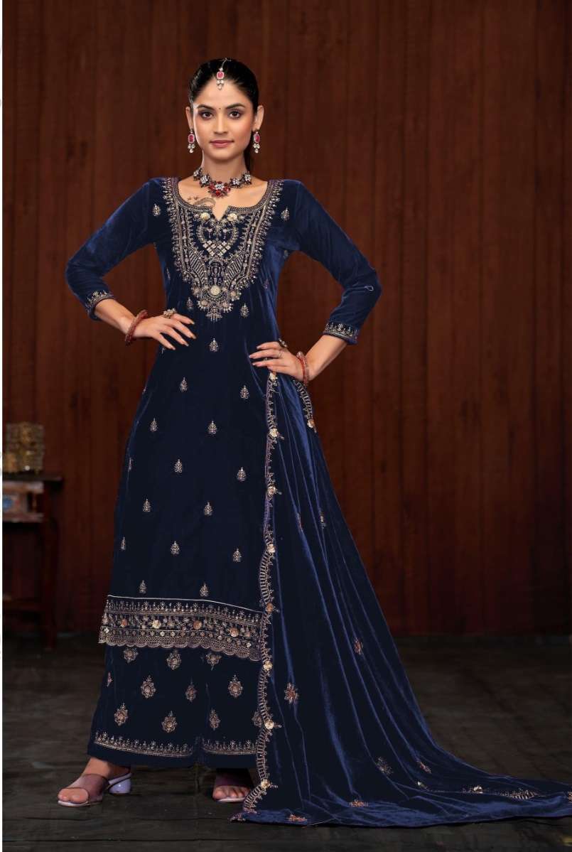 DESIGNER FANCY WEDDING PARTY WEAR PREMIUM VISCOSE BLUE VELVET SALWAR SUIT CPR 3001 A