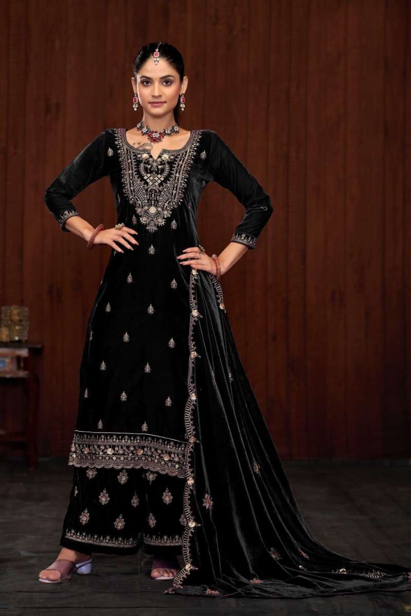 DESIGNER FANCY WEDDING PARTY WEAR PREMIUM VISCOSE BLACK VELVET SALWAR SUIT CPR 3001 B