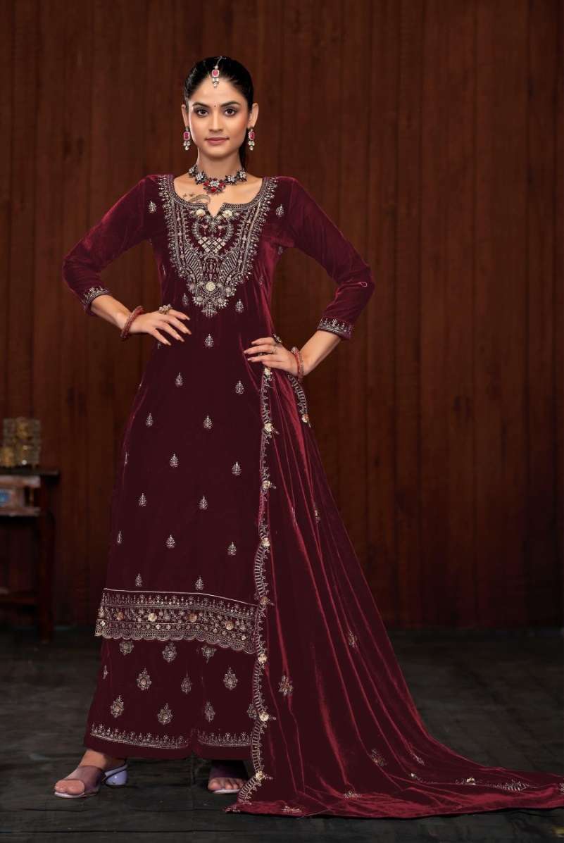 DESIGNER FANCY WEDDING PARTY WEAR PREMIUM VISCOSE RED VELVET SALWAR SUIT CPR 3001 D