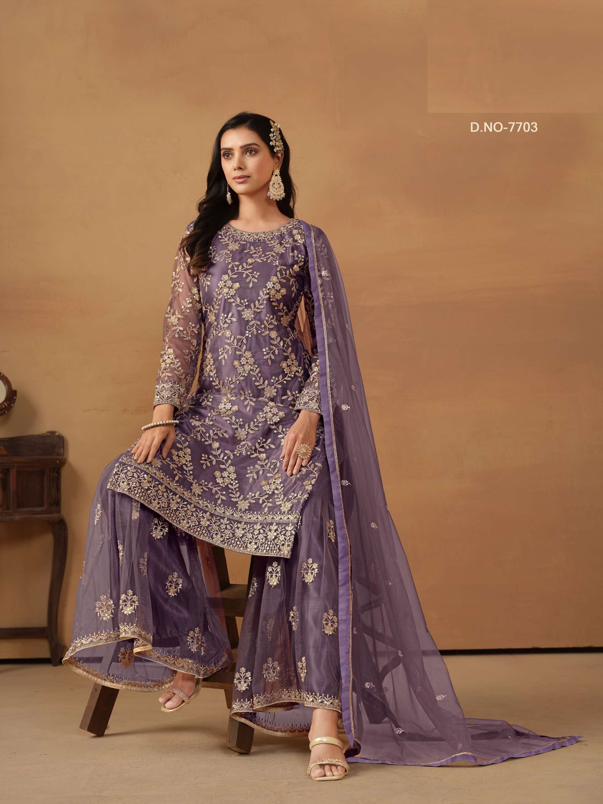 DESIGNER FANCY WEDDING PARTY WEAR PURPLE NET PALLAZO SHARARA SALWAR SUIT ANY 7703