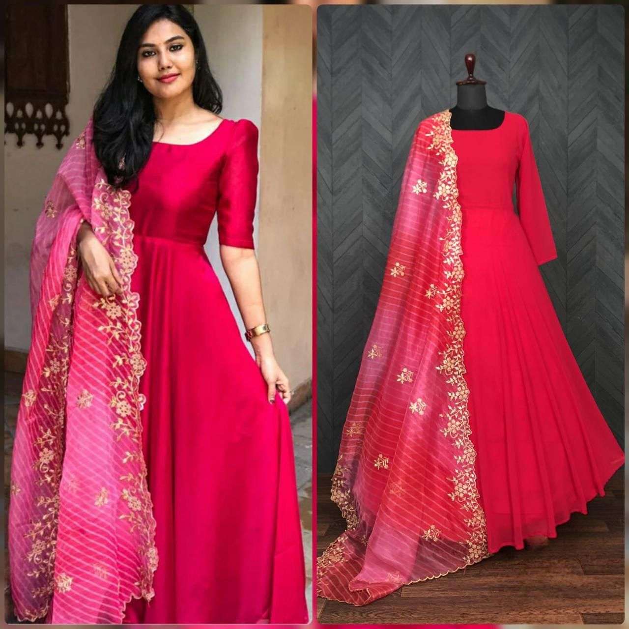 DESIGNER FANCY WEDDING PARTY WEAR RANI COLOR BEUTIFUL ANARKALI GOWN LV 9048