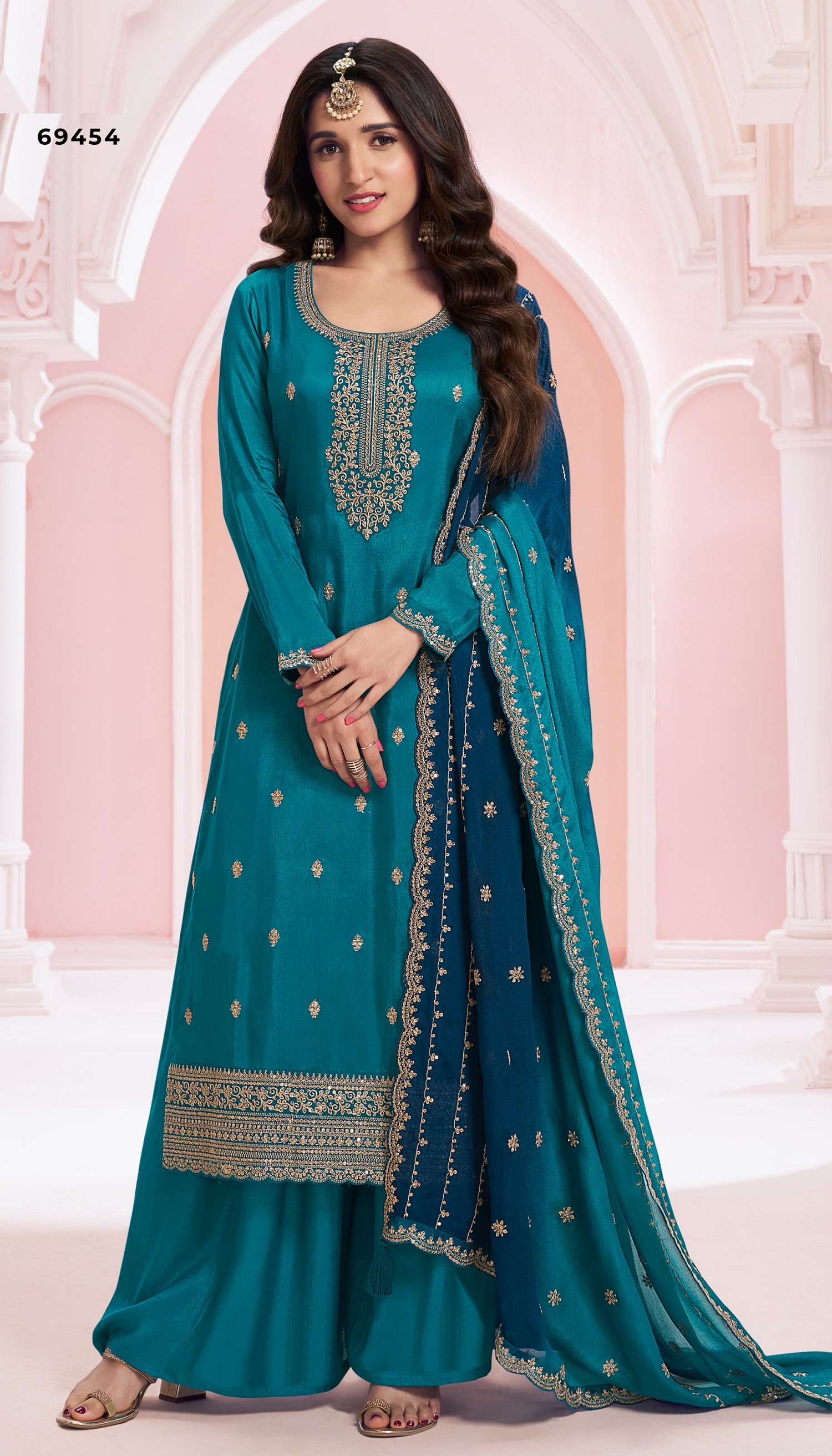 DESIGNER FANCY WEDDING PARTY WEAR VICHITRA SILK BLUE PALLAZO SHARARA SALWAR SUIT RH SUHAG 69454