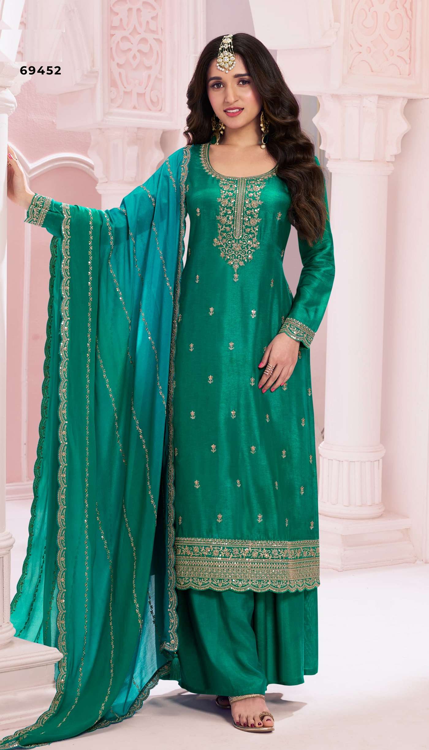 DESIGNER FANCY WEDDING PARTY WEAR VICHITRA SILK GREEN PALLAZO SHARARA SALWAR SUIT RH SUHAG 69452