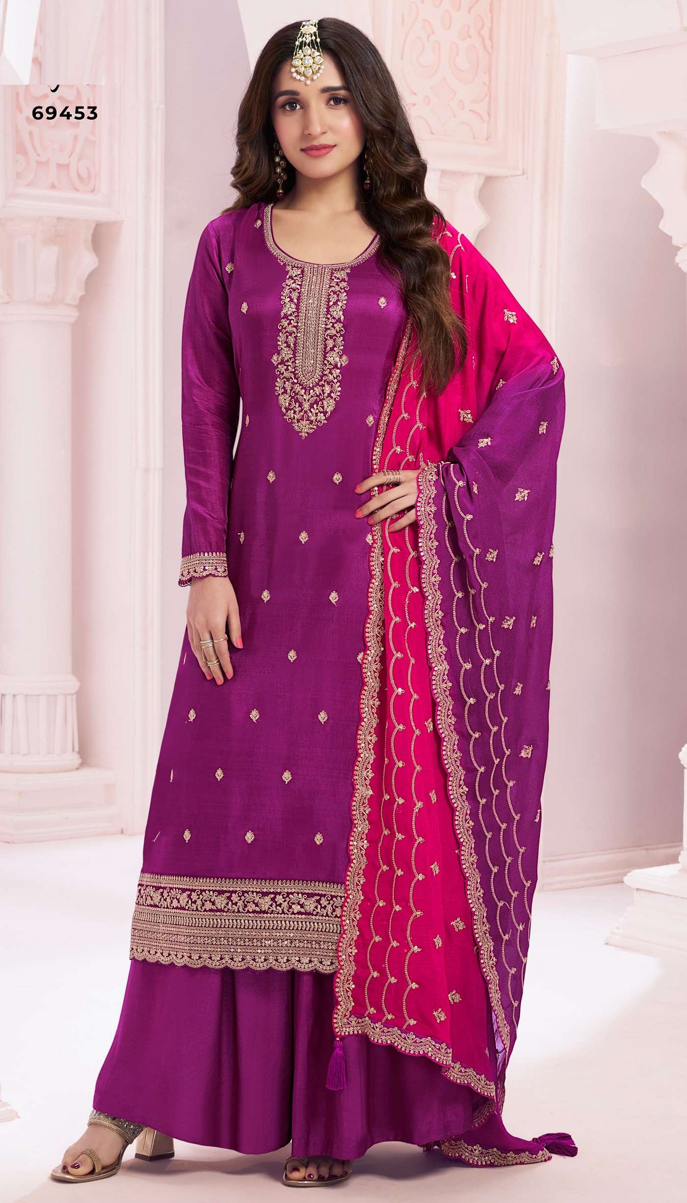 DESIGNER FANCY WEDDING PARTY WEAR VICHITRA SILK PURPLE PALLAZO SHARARA SALWAR SUIT RH SUHAG 69453