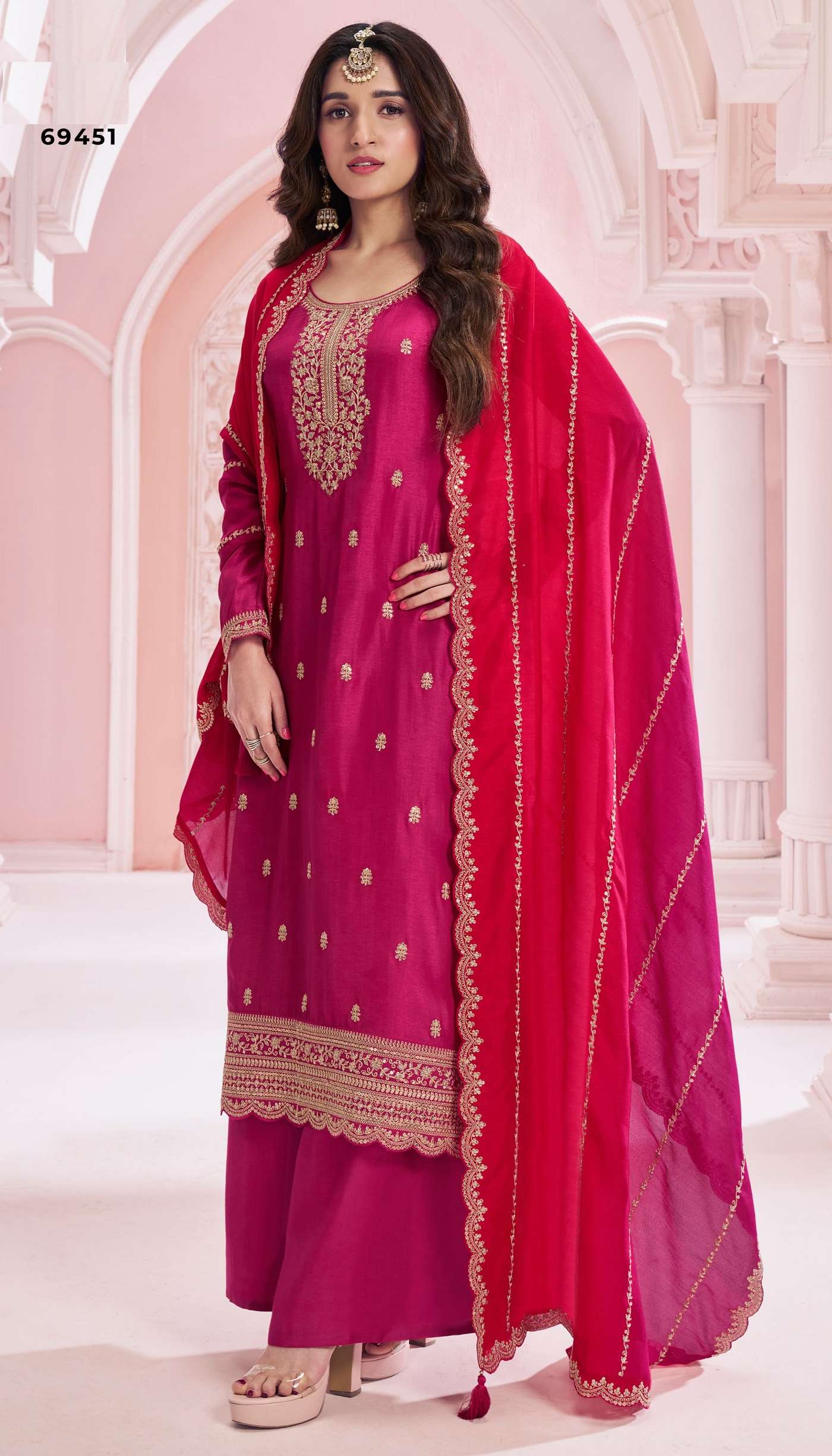 DESIGNER FANCY WEDDING PARTY WEAR VICHITRA SILK RANI PINK PALLAZO SHARARA SALWAR SUIT RH SUHAG 69451