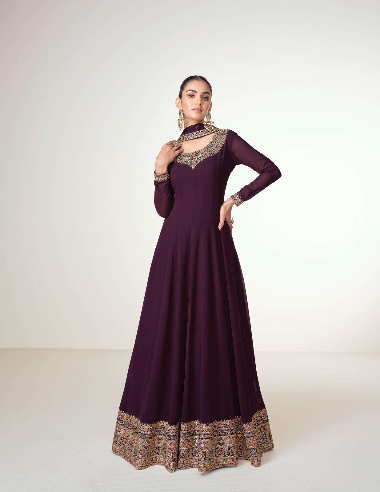 DESIGNER FANCY WEDDING PARTY WEAR WINE GEORGETTE ANARKALI GOWN SALWAR SUIT AF VIRASAT 10129