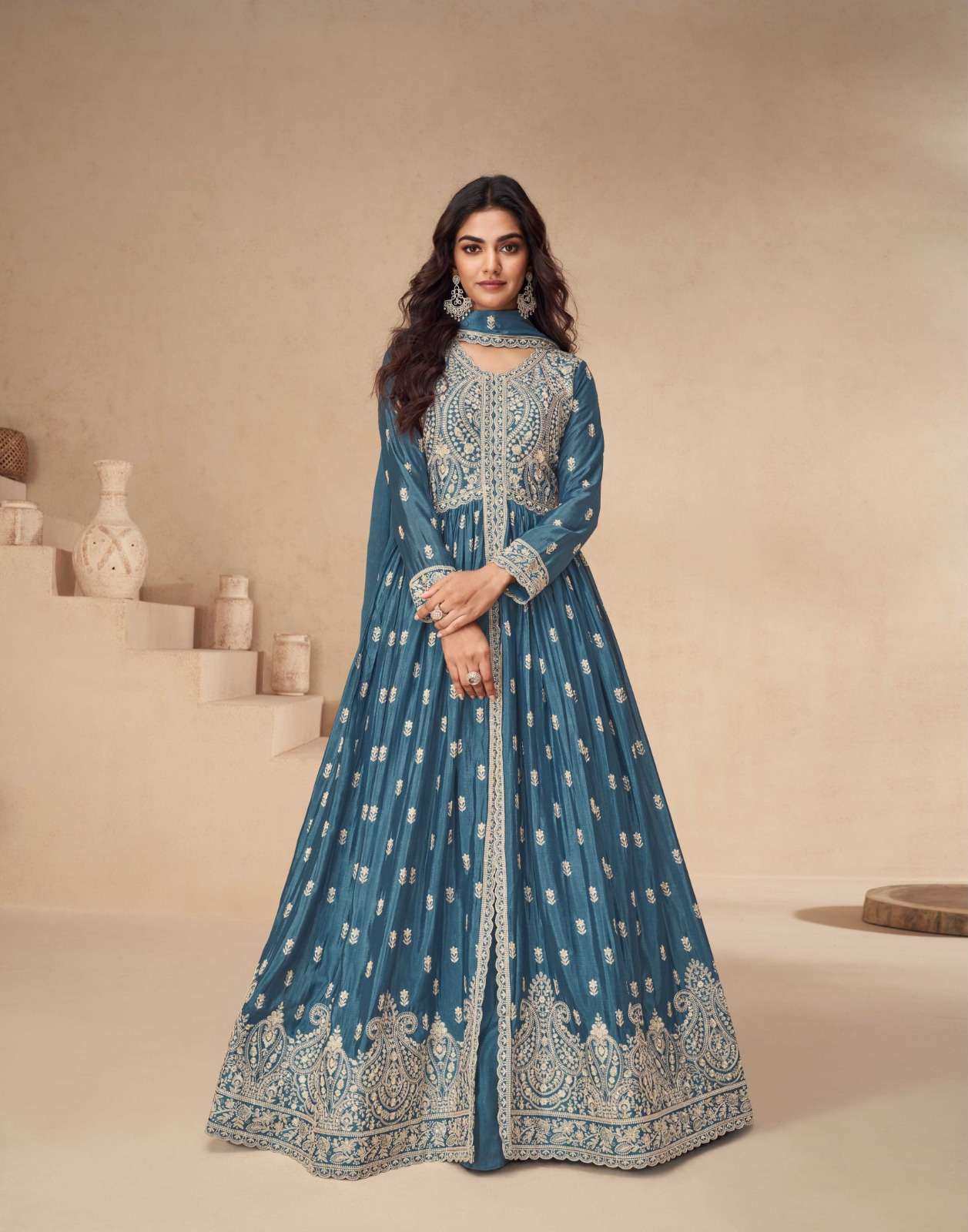 DESIGNER REAL CHINON BLUE ANARKALI GOWN FOR WEDDING PARTY WEAR SALWAR SUIT LONG GOWN AF RAKHI 10136