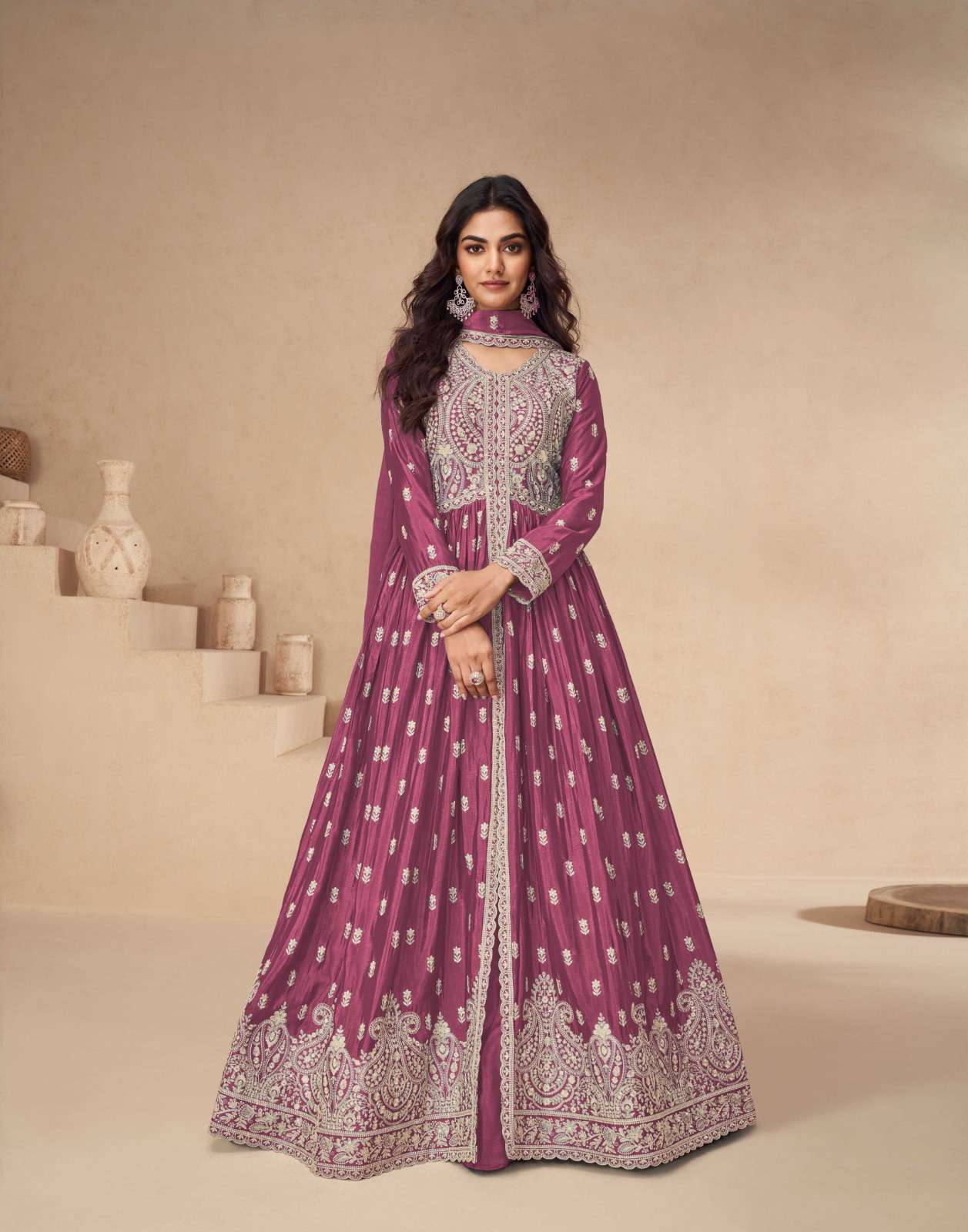 DESIGNER REAL CHINON DEEP PINK ANARKALI GOWN FOR WEDDING PARTY WEAR SALWAR SUIT LONG GOWN AF RAKHI 10137