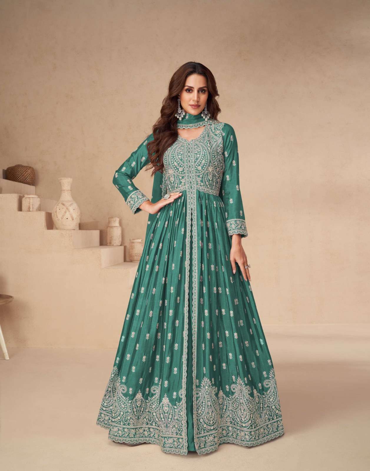 DESIGNER REAL CHINON GREEN ANARKALI GOWN FOR WEDDING PARTY WEAR SALWAR SUIT LONG GOWN AF RAKHI 10139