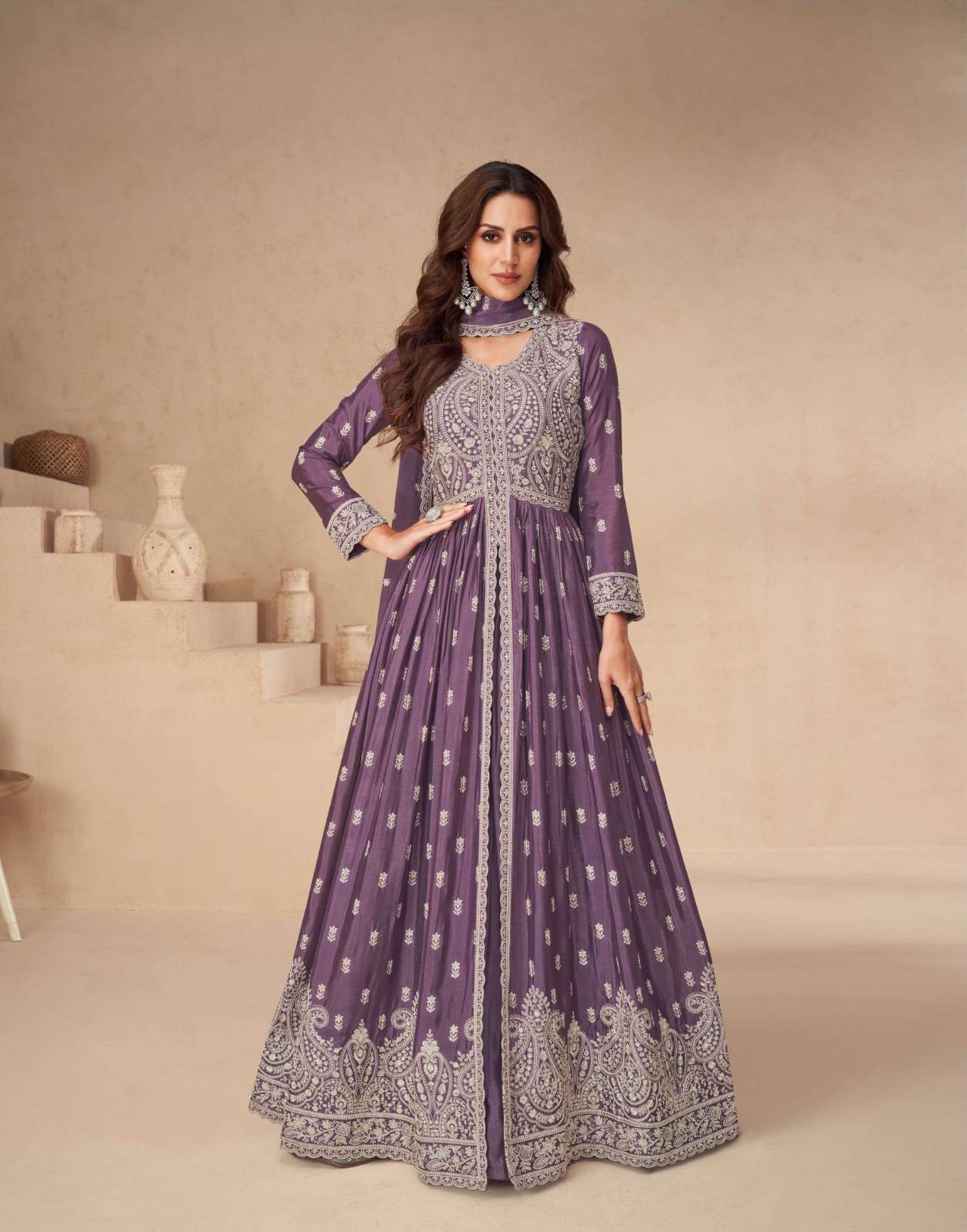 DESIGNER REAL CHINON LAVENDER ANARKALI GOWN FOR WEDDING PARTY WEAR SALWAR SUIT LONG GOWN AF RAKHI 10138