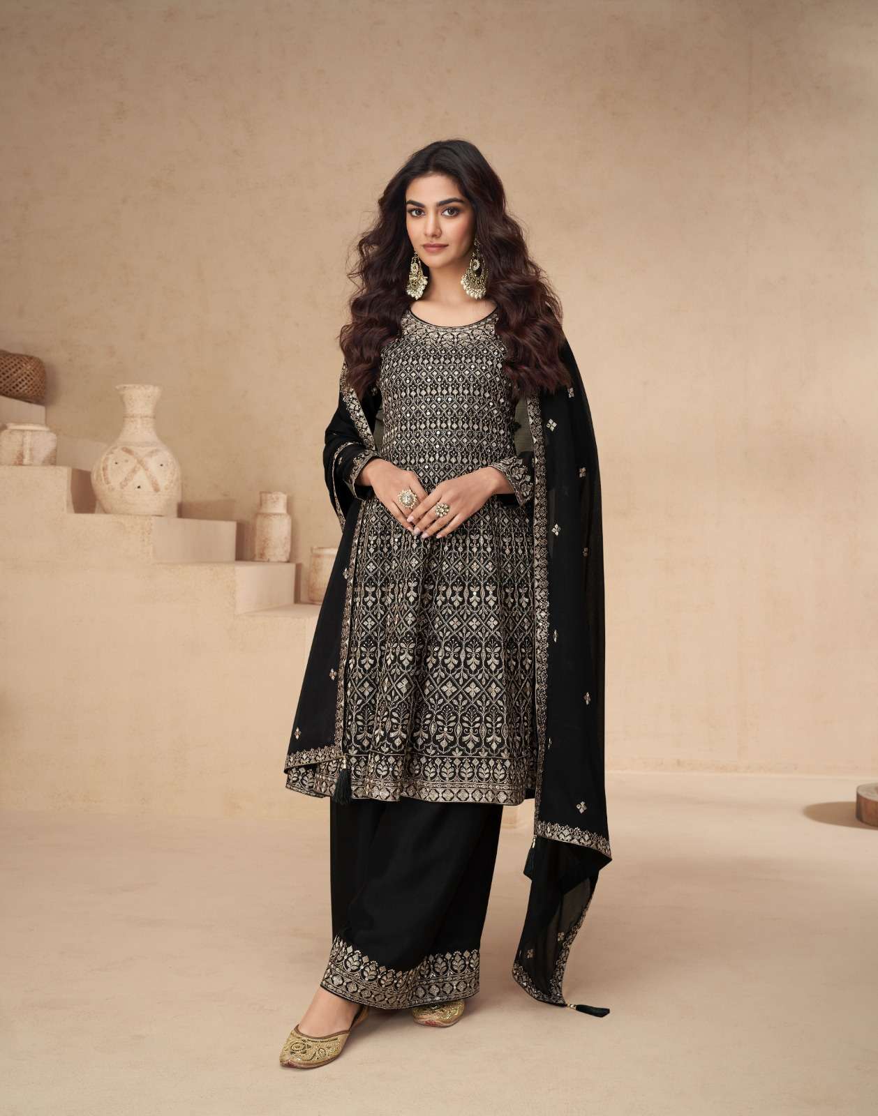 DESIGNER WEDDING PARTY WEAR HEAVY BLACK GEORGETTE SKIRT SALWAR SUIT PALLAZO SUIT SY AMRITA 10149