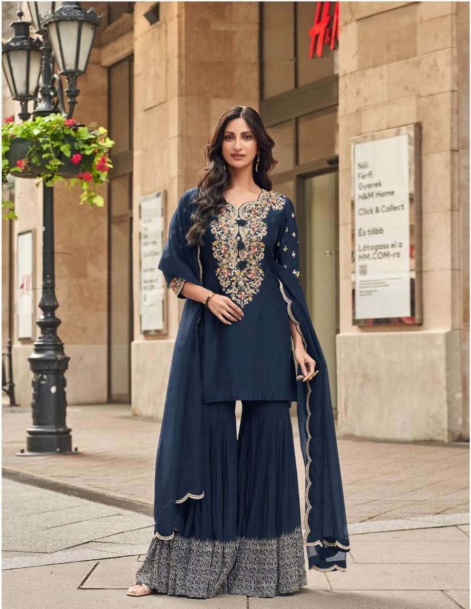 DESIGNER WEDDING PARTY WEAR HEAVY GEORGETTE BLUE SHARARA SALWAR SUIT SY ISHANI 5596