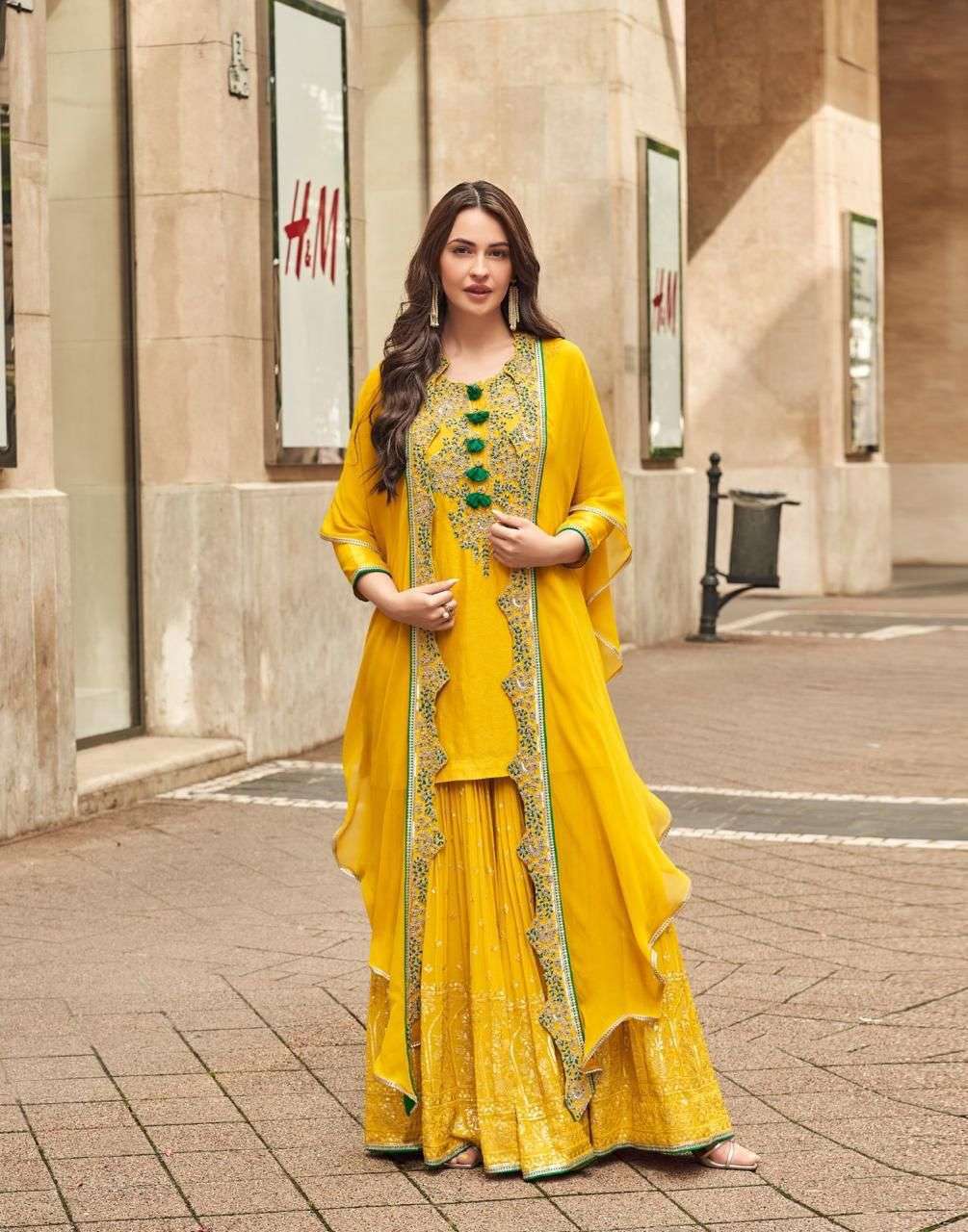 DESIGNER WEDDING PARTY WEAR HEAVY GEORGETTE YELLOW SHARARA SALWAR SUIT SY ISHANI 5595