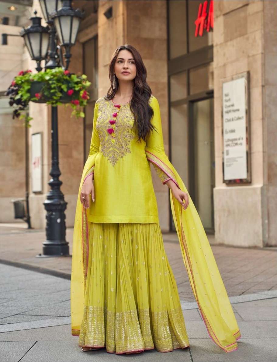 DESIGNER WEDDING PARTY WEAR HEAVY GEORGETTE YELLOW SHARARA SALWAR SUIT SY ISHANI 5597