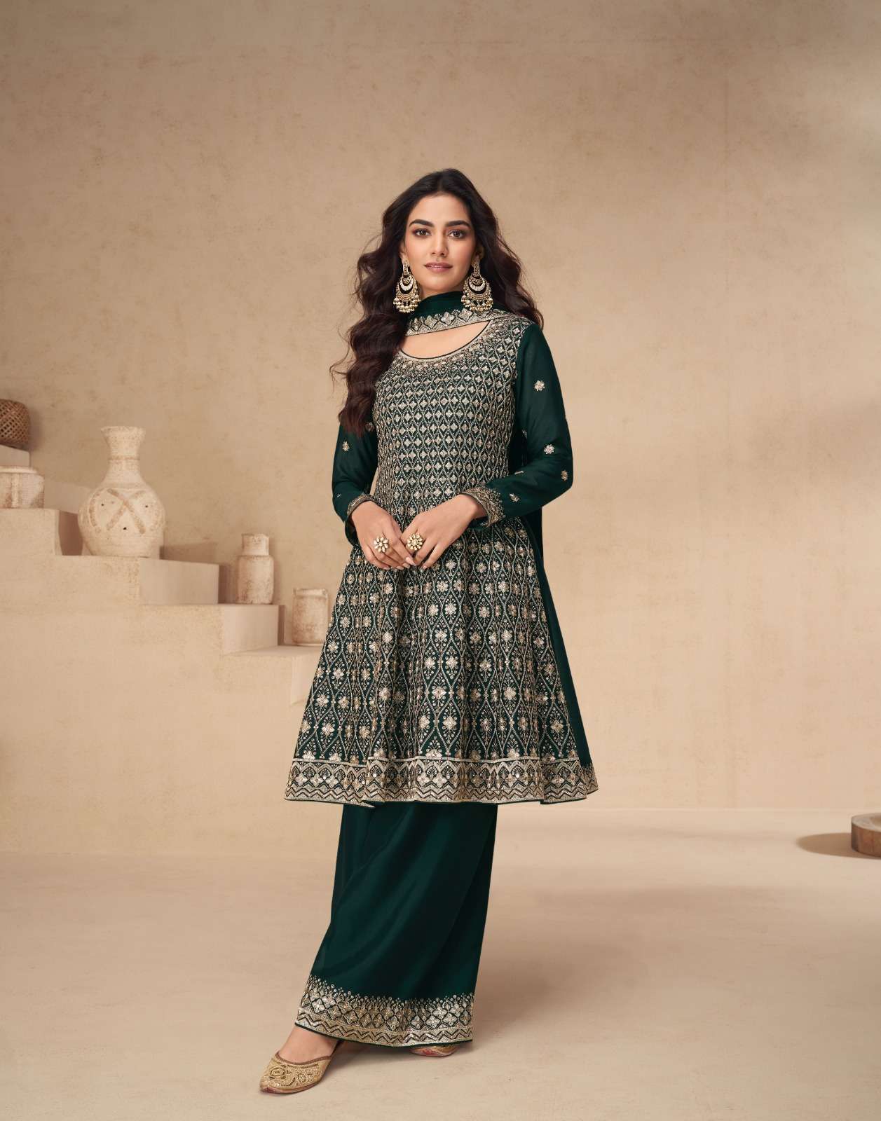 DESIGNER WEDDING PARTY WEAR HEAVY GREEN GEORGETTE SKIRT SALWAR SUIT PALLAZO SUIT SY AMRITA 10147