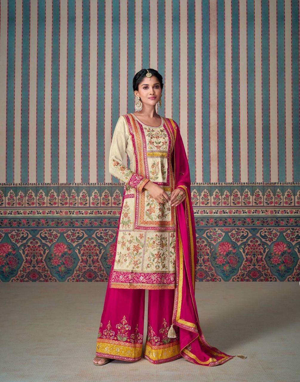 DESIGNER WEDDING PARTY WEAR HEAVY RANI PINK SILK SALWAR SUIT PALLAZO SUIT SY KASTURI 5715