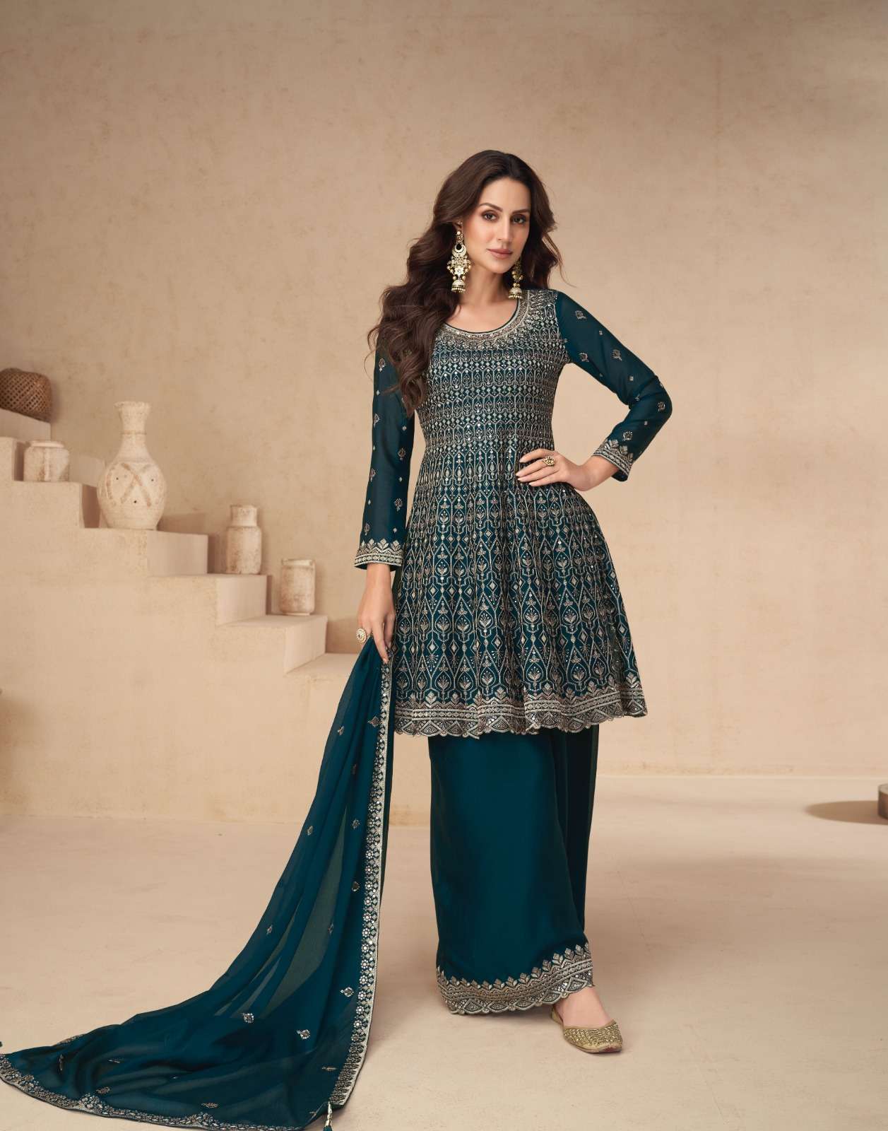 DESIGNER WEDDING PARTY WEAR HEAVY TEAL BLUE GEORGETTE SKIRT SALWAR SUIT PALLAZO SUIT SY AMRITA 10148