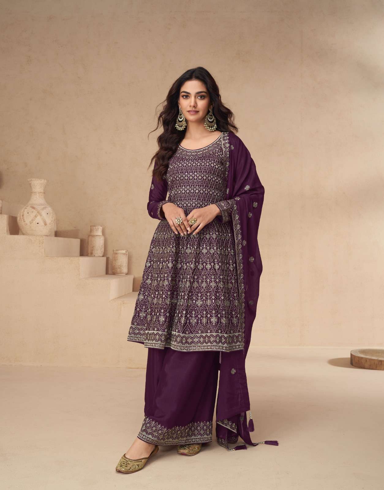 DESIGNER WEDDING PARTY WEAR HEAVY WINE GEORGETTE SKIRT SALWAR SUIT PALLAZO SUIT SY AMRITA 10145