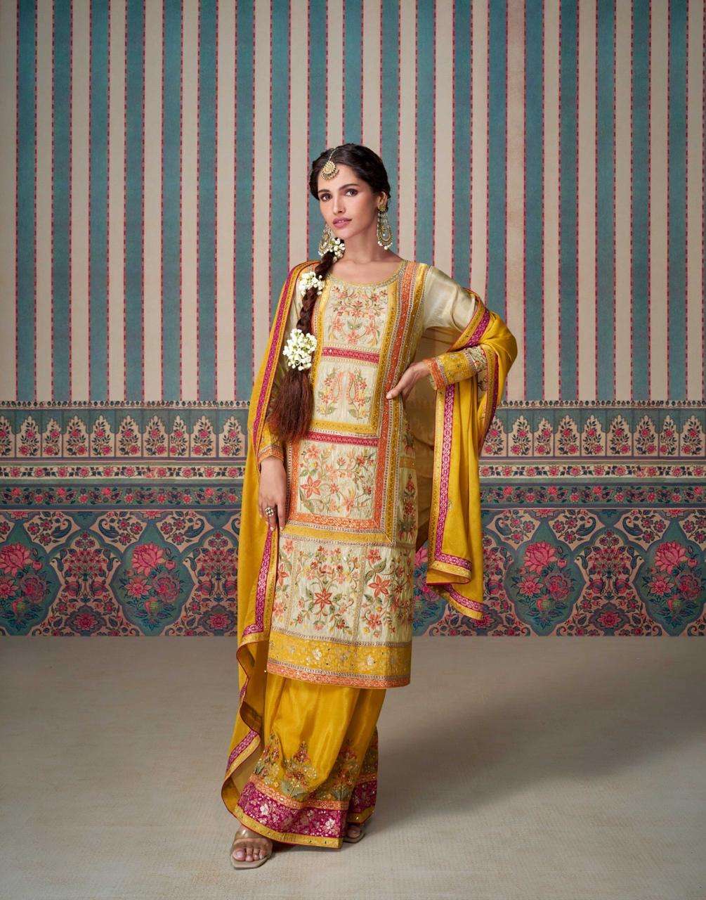 DESIGNER WEDDING PARTY WEAR HEAVY YELLOW SILK SALWAR SUIT PALLAZO SUIT SY KASTURI 5716