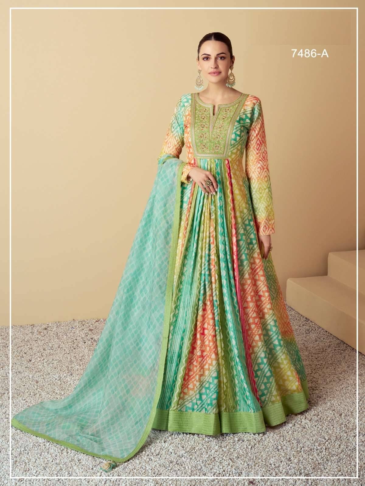 DESIGNER WEDDING PARTY WEAR MASLIN SILK GREEN ANARKALI SALWAR SUIT GOWN WITH DUPATTA JG VAARI 7486 A