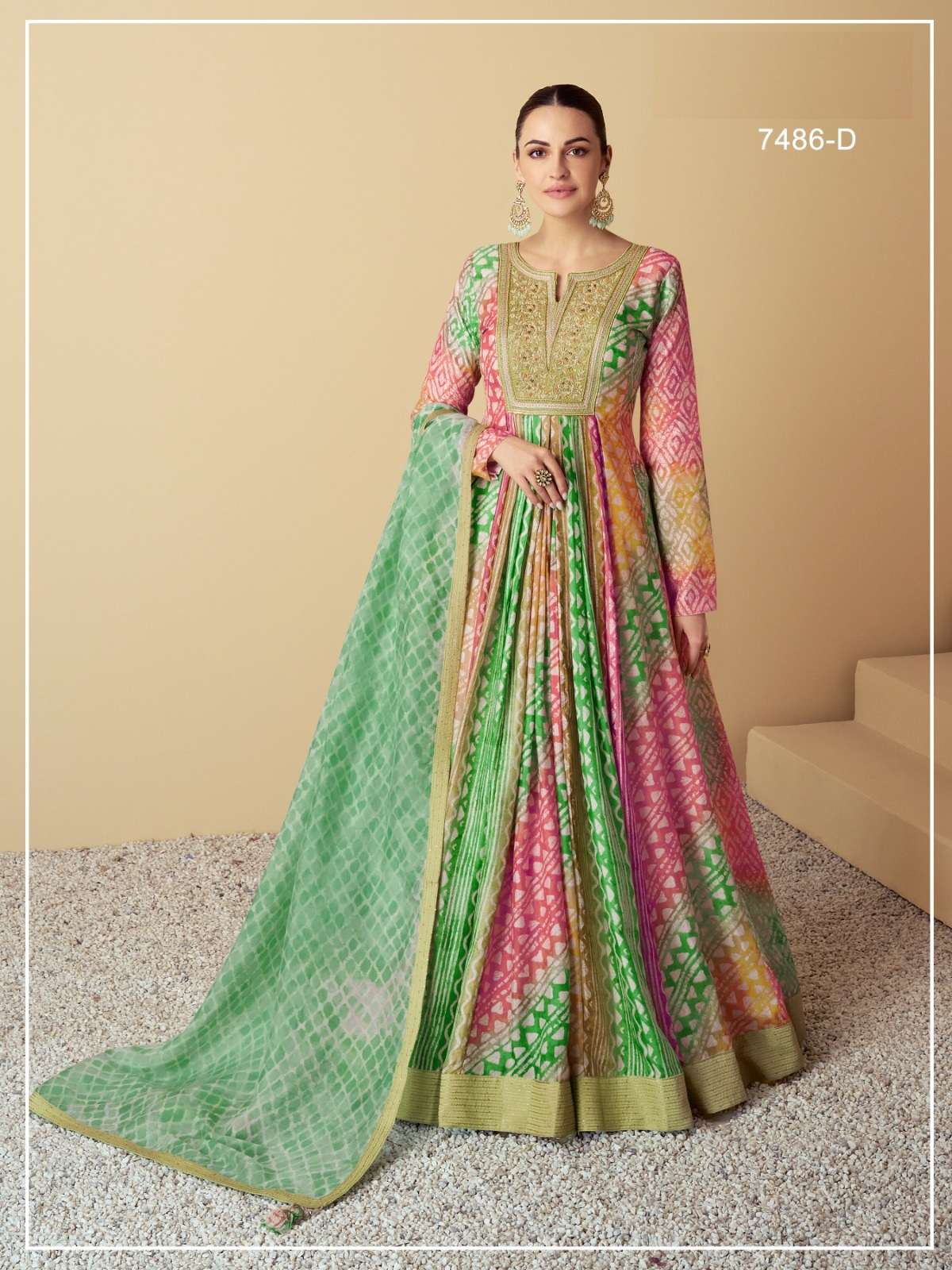 DESIGNER WEDDING PARTY WEAR MASLIN SILK GREEN PINK ANARKALI SALWAR SUIT GOWN WITH DUPATTA JG VAARI 7486 D