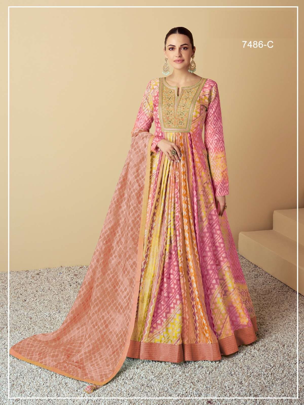 DESIGNER WEDDING PARTY WEAR MASLIN SILK PINK YELLOW ANARKALI SALWAR SUIT GOWN WITH DUPATTA JG VAARI 7486 C