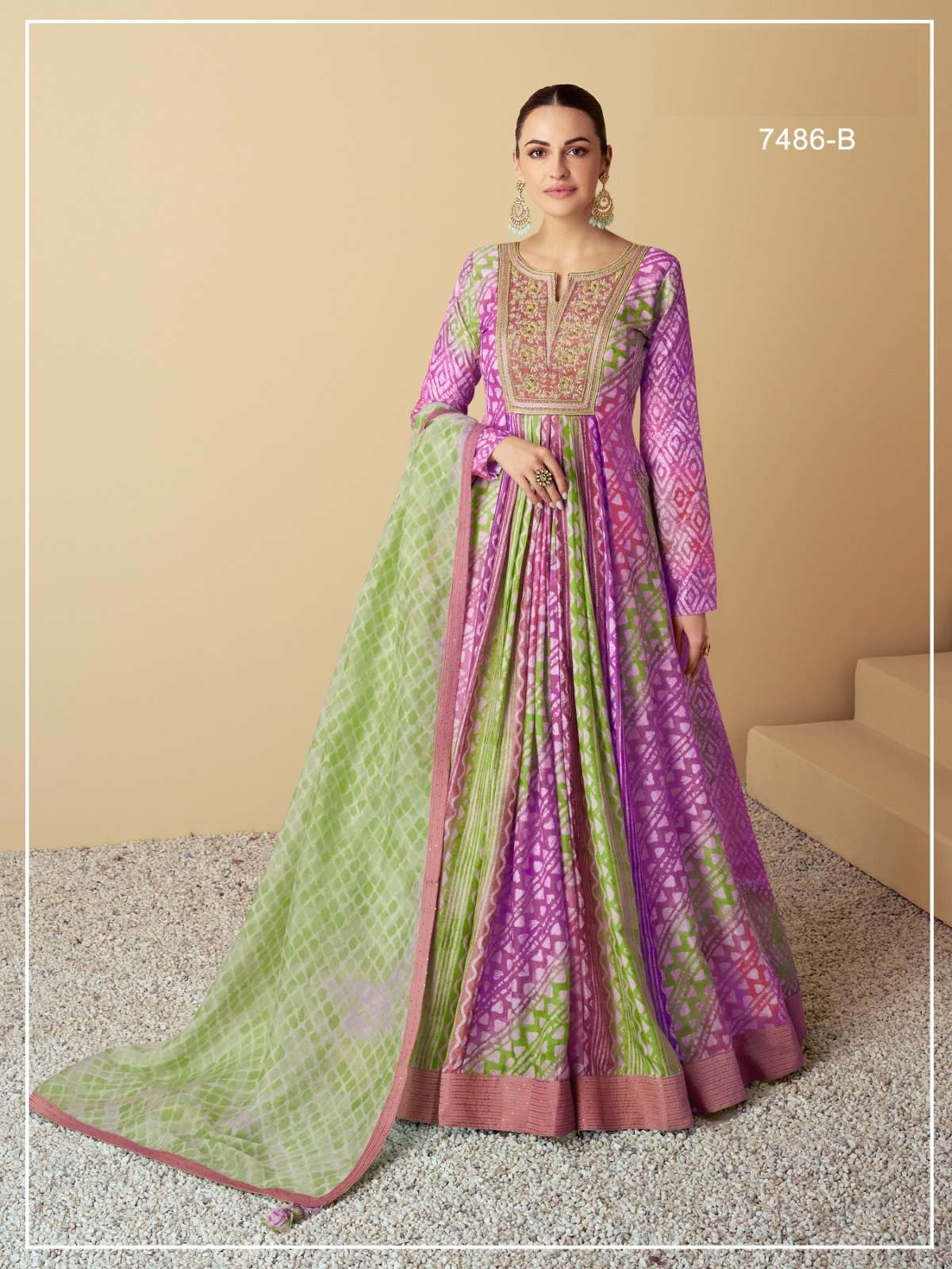 DESIGNER WEDDING PARTY WEAR MASLIN SILK PURPLE ANARKALI SALWAR SUIT GOWN WITH DUPATTA JG VAARI 7486 B