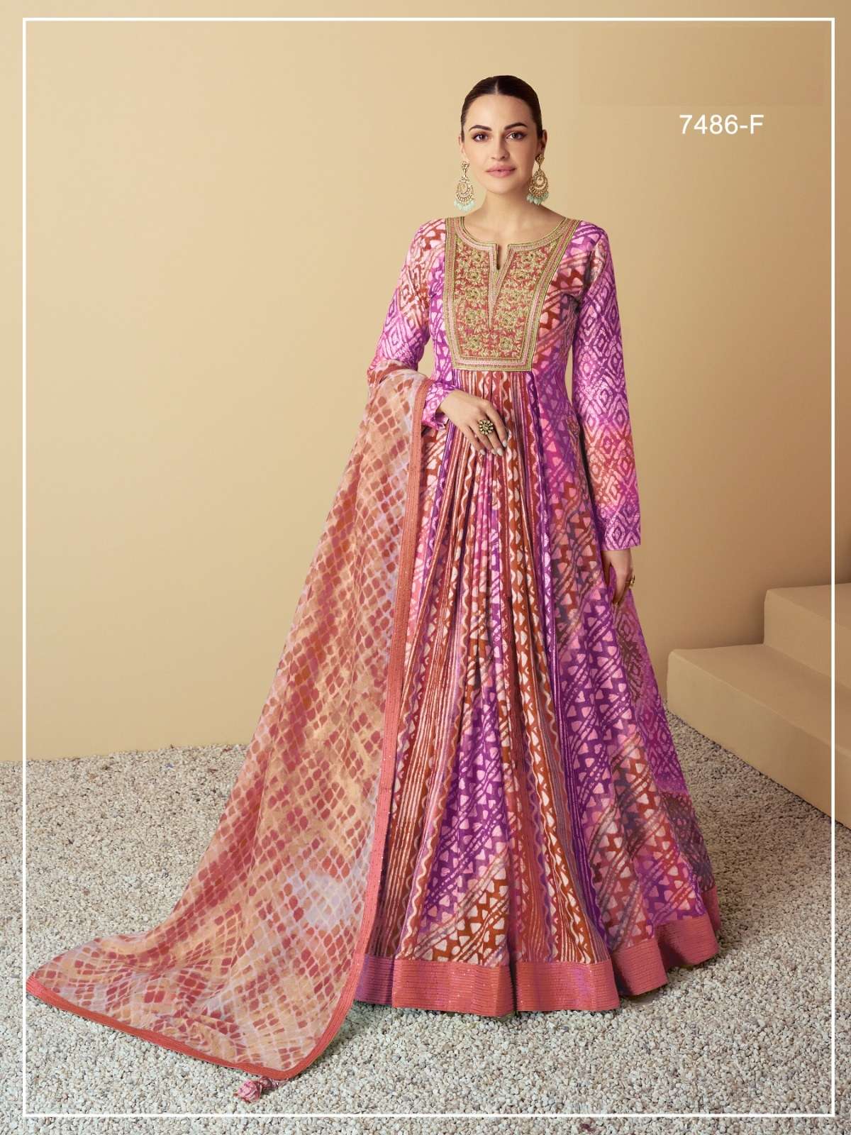 DESIGNER WEDDING PARTY WEAR MASLIN SILK PURPLE ANARKALI SALWAR SUIT GOWN WITH DUPATTA JG VAARI 7486 F