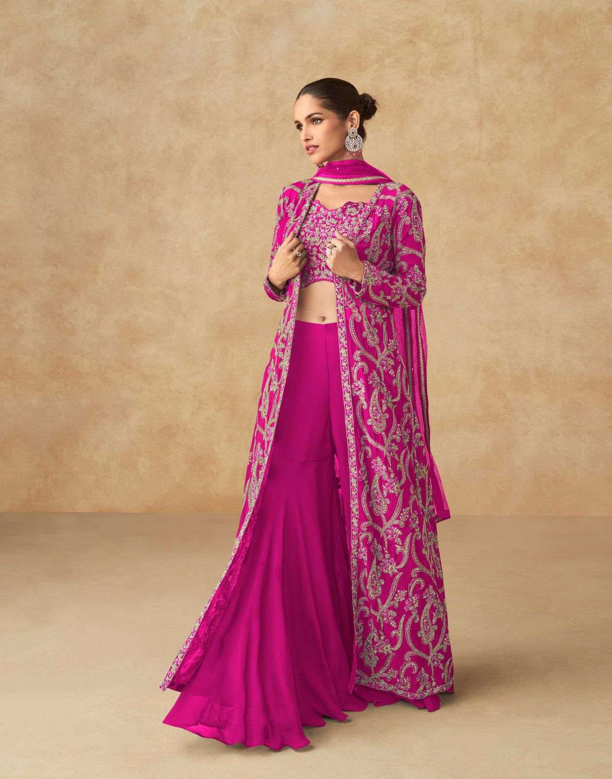 DESIGNER WEDDING PARTY WEAR REAL GEORGETTE PINK KOTI LEHENGA SKIRT STYLE SALWAR SUIT AF PURPLE 10115