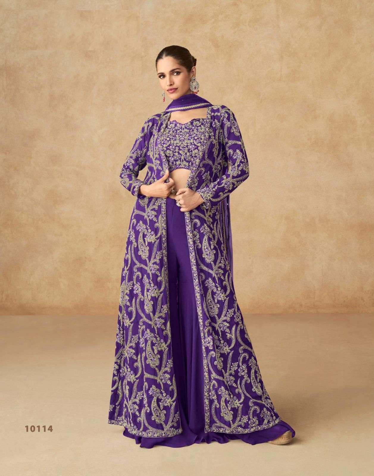 DESIGNER WEDDING PARTY WEAR REAL GEORGETTE PURPLE KOTI LEHENGA SKIRT STYLE SALWAR SUIT AF PURPLE 10114