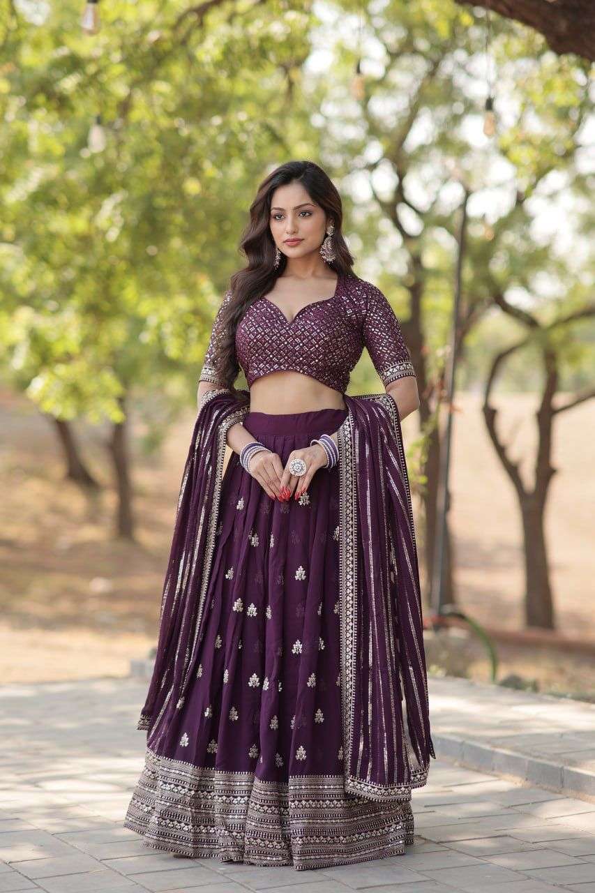 INDIAN DESIGNER BOLLYWOOD WEDDING PARTY WEAR PURPLE WINE GEORGETTE LEHENGA CHOLI AT WHOLESALE RATE LW 7108