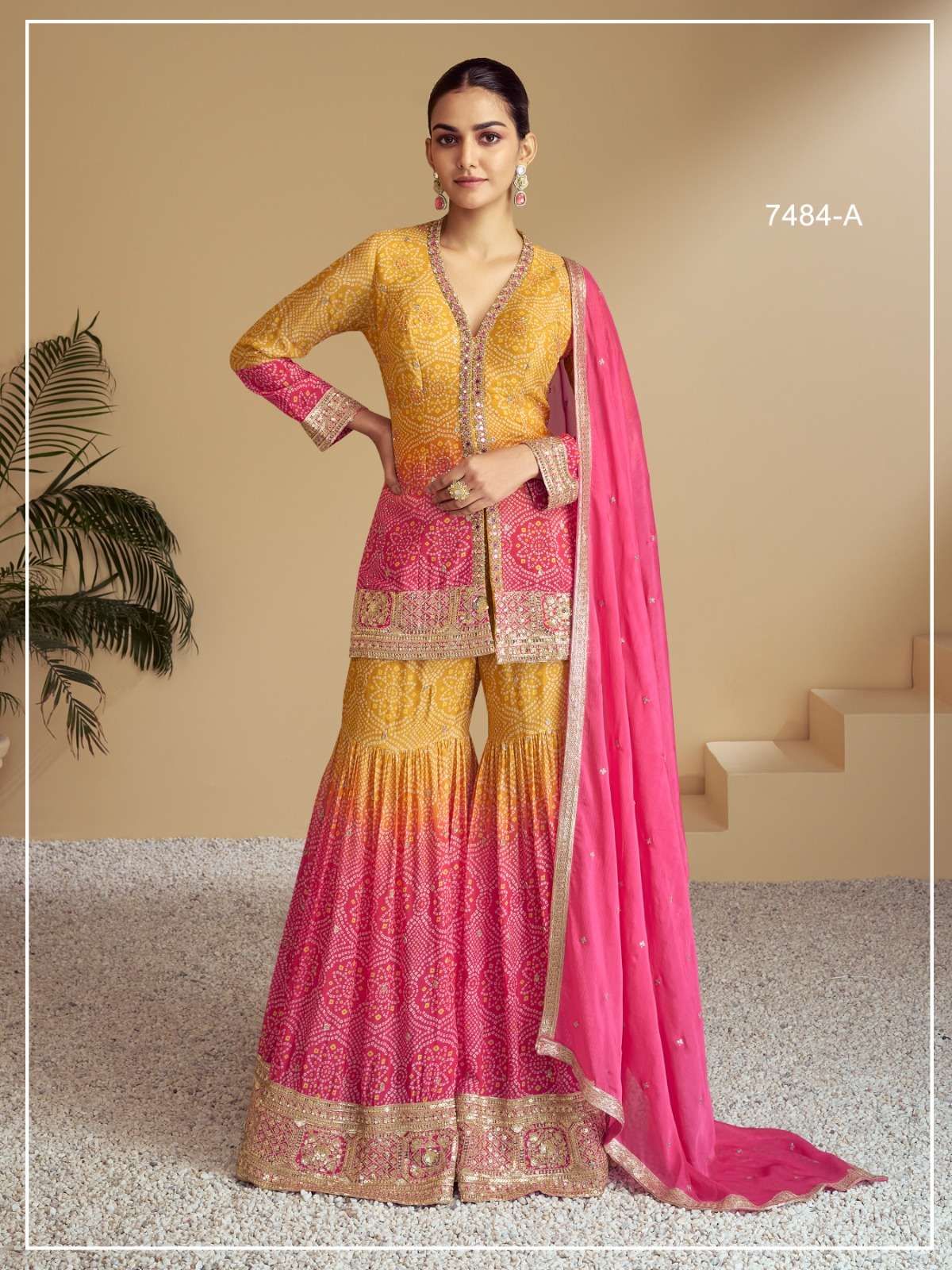 INDIAN DESIGNER FANCY WEDDING PARTY WEAR CHINON SILK YELLOW PINK PALLAZO SHARARA SALWAR SUIT JG FLORANCE 7484 A