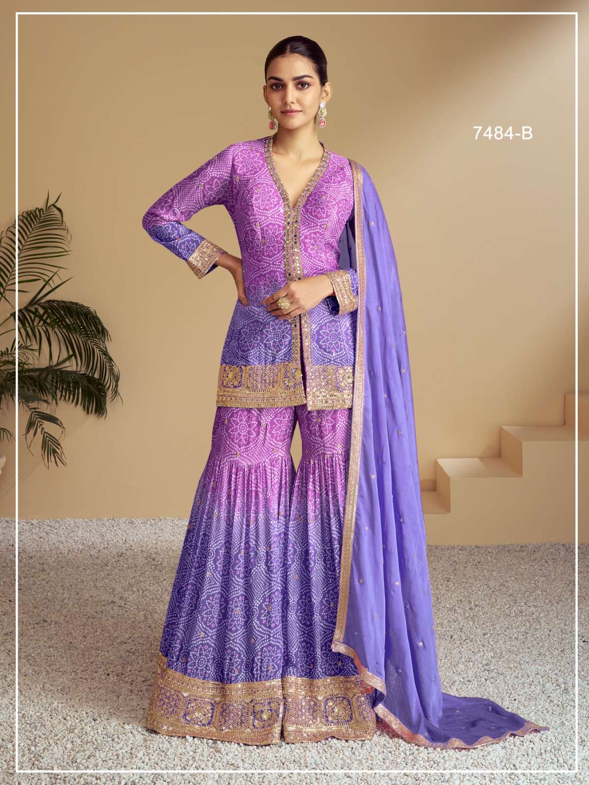 INDIAN DESIGNER FANCY WEDDING PARTY WEAR CHINON SILK PURPLE PINK PALLAZO SHARARA SALWAR SUIT JG FLORANCE 7484 B