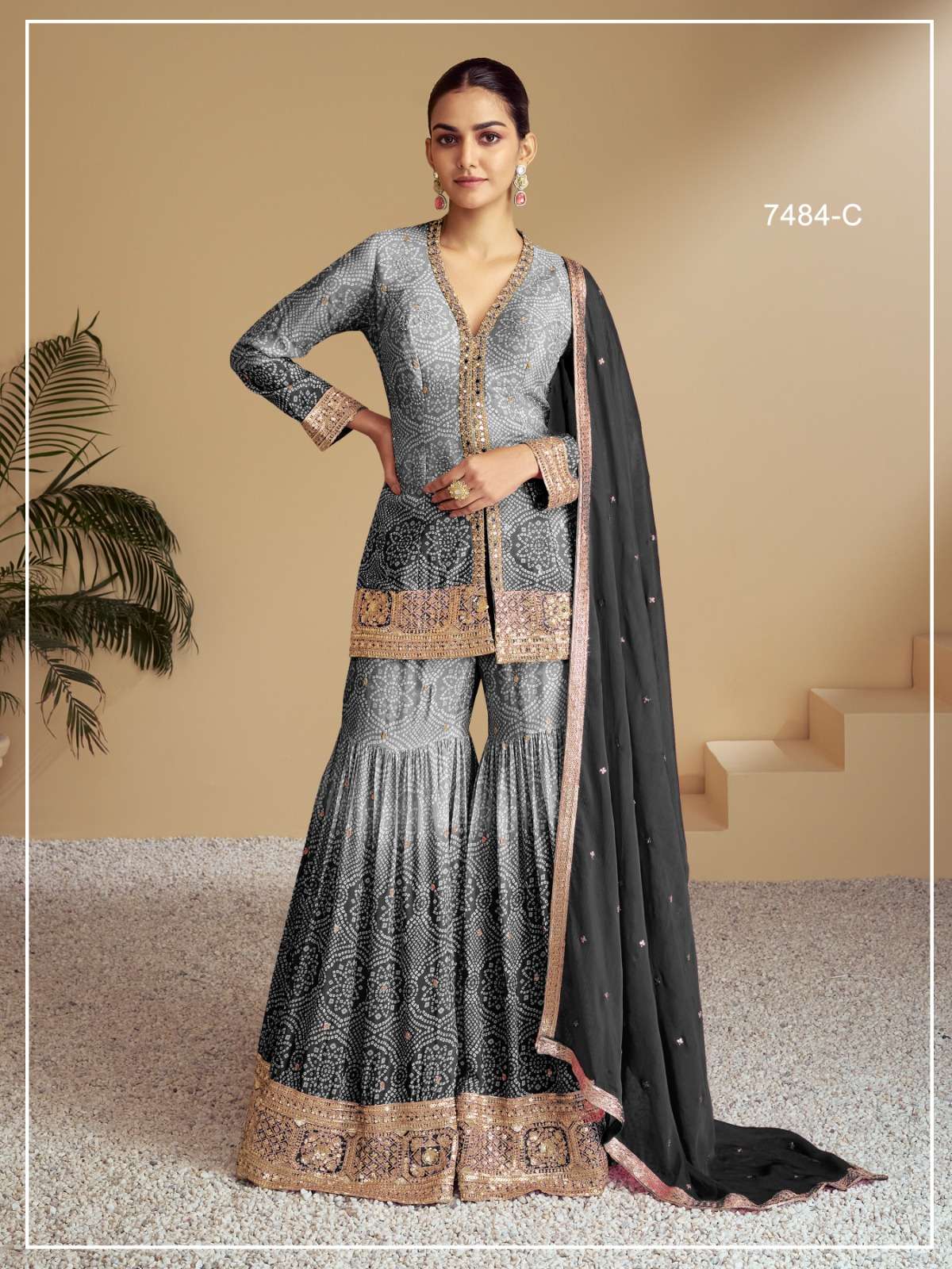 INDIAN DESIGNER FANCY WEDDING PARTY WEAR CHINON SILK BLACK GREY PALLAZO SHARARA SALWAR SUIT JG FLORANCE 7484 C