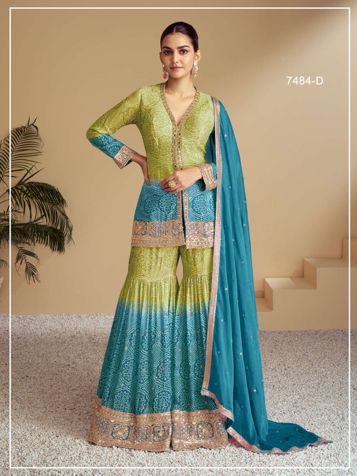 INDIAN DESIGNER FANCY WEDDING PARTY WEAR CHINON SILK GREEN BLUE PALLAZO SHARARA SALWAR SUIT JG FLORANCE 7484 D