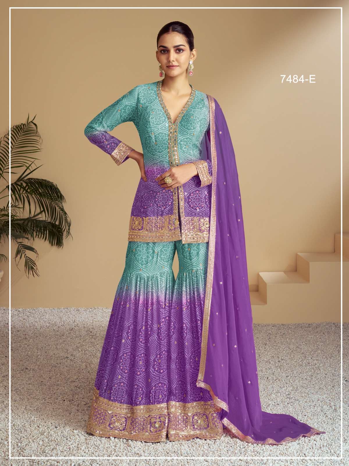 INDIAN DESIGNER FANCY WEDDING PARTY WEAR CHINON SILK SKY PURPLE PALLAZO SHARARA SALWAR SUIT JG FLORANCE 7484 E