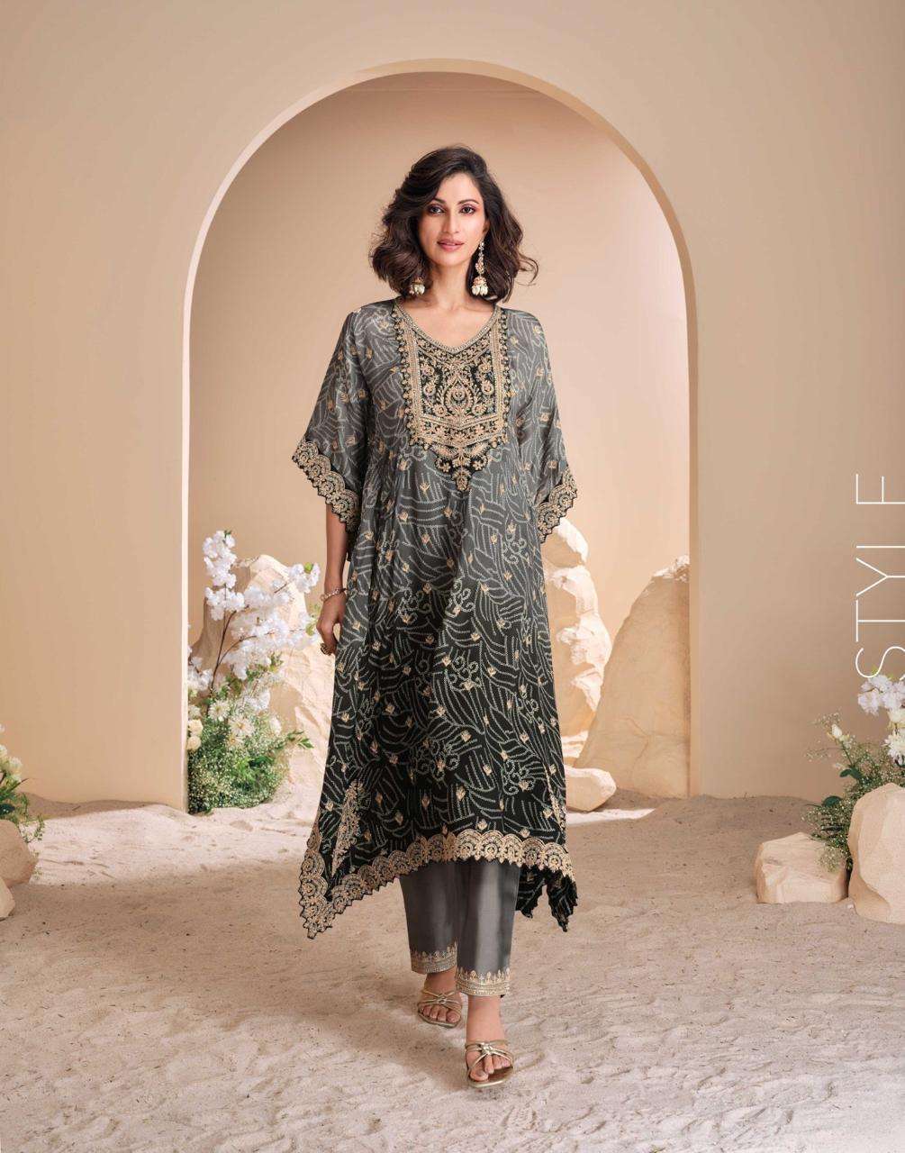 INDIAN DESIGNER FANCY WEDDING PARTY WEAR VISCOSE SILK GREY SHARARA PALLAZO SALWAR SUIT SY JHOOMAR 5703